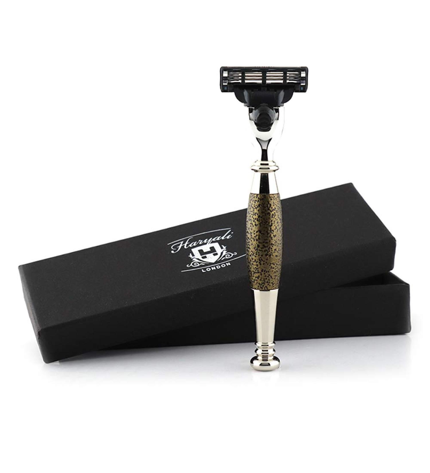 Haryali London Safety Razor - 3 Edges Golden Antique Handle for Men | Premium Beard & Mustache Grooming - Buy Online on SooperMarket.com