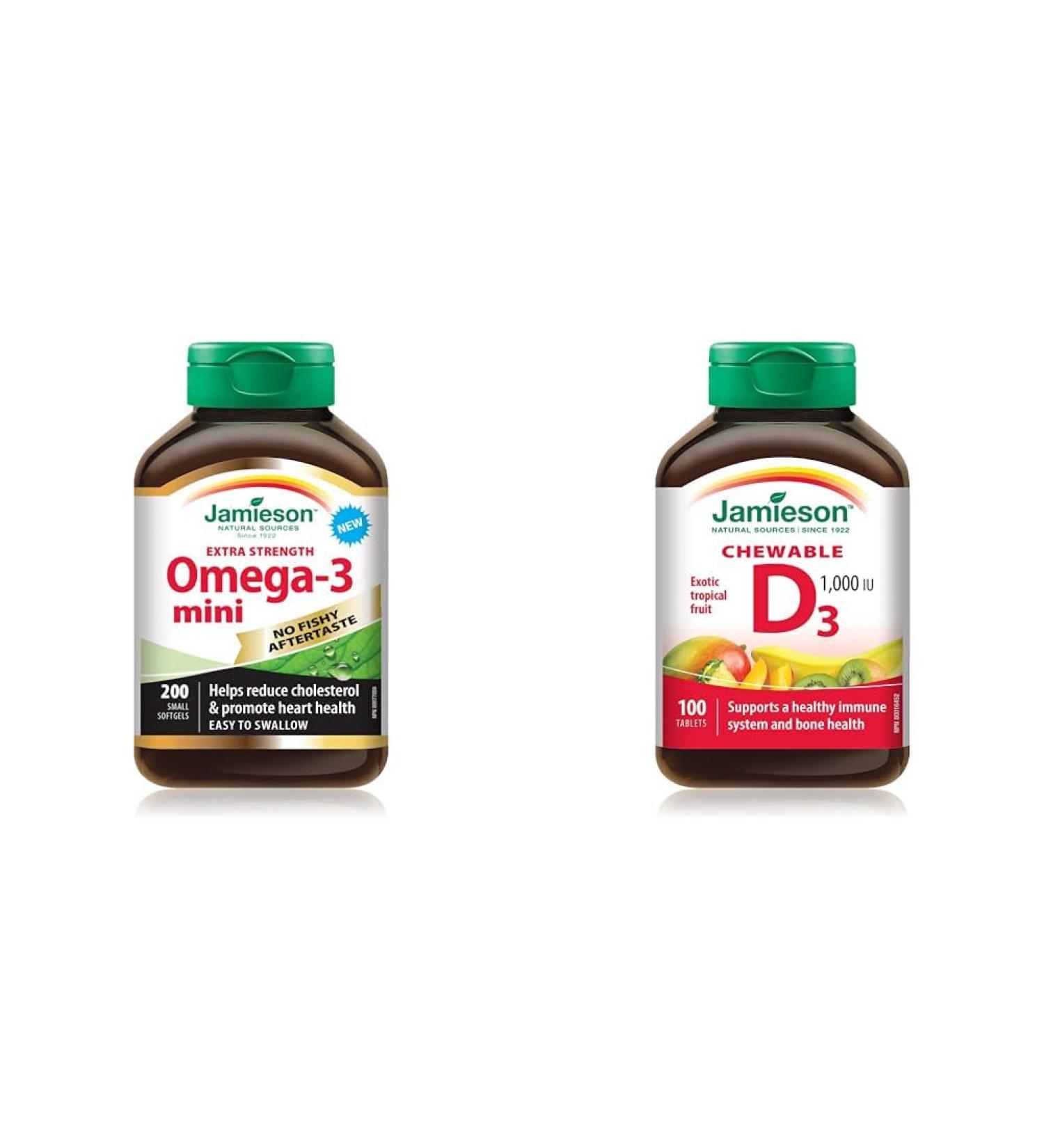 Jamieson No Fishy Aftertaste Extra Strength Omega-3 Mini 200 Count & Vitamin D3 1 000 IU - Exotic Tropical Fruit Flavour 100 Count (Pack of 1) Omega-3 Mini + Vitamin D3 - Buy Online on SooperMarket.com
