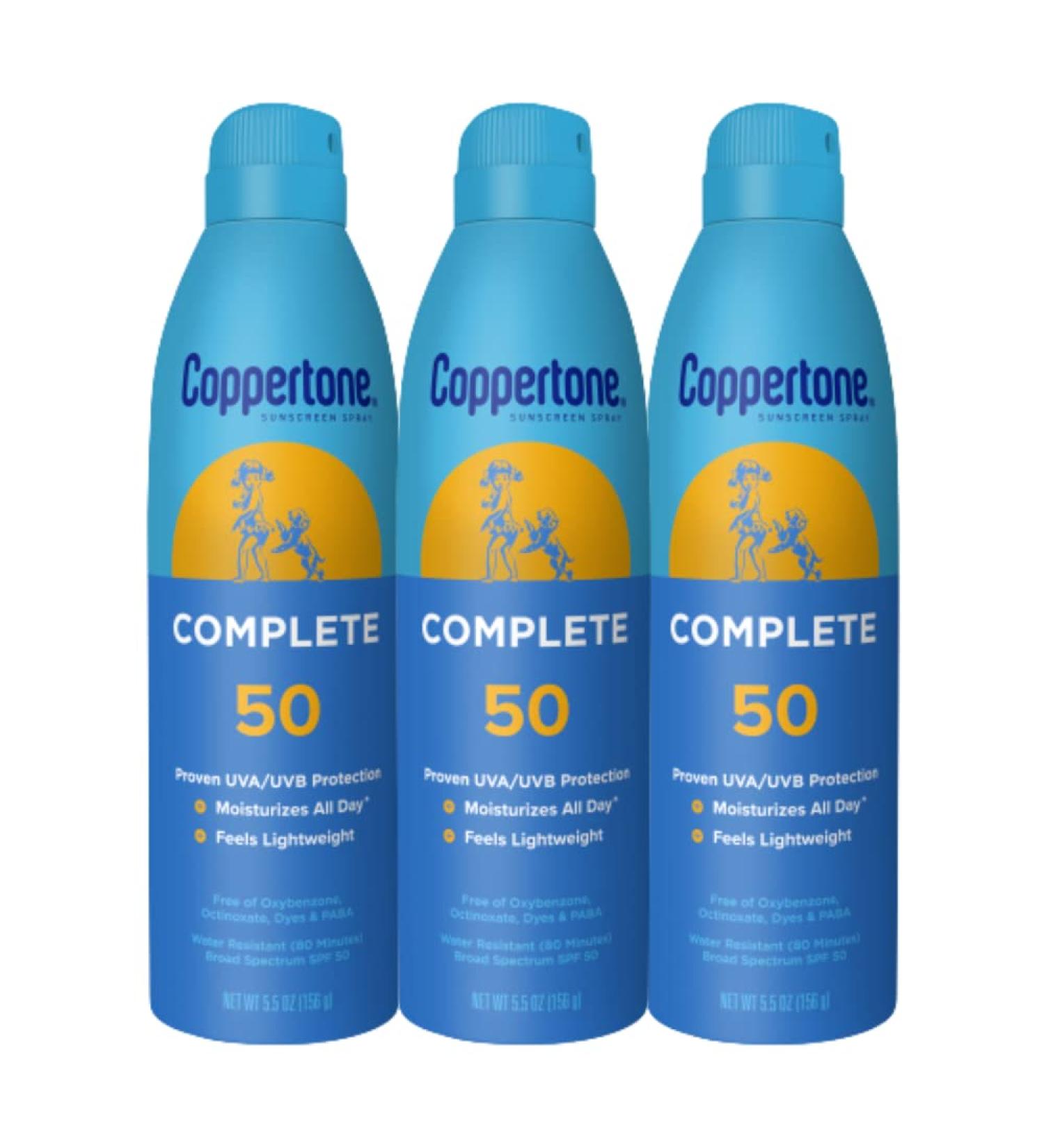Coppertone COMPLETE SPF 50 Sunscreen Spray Pack - Water Resistant, Lightweight Moisturizing Formula - 5.5 Oz (Pack of 3) - Buy Online on SooperMarket.com