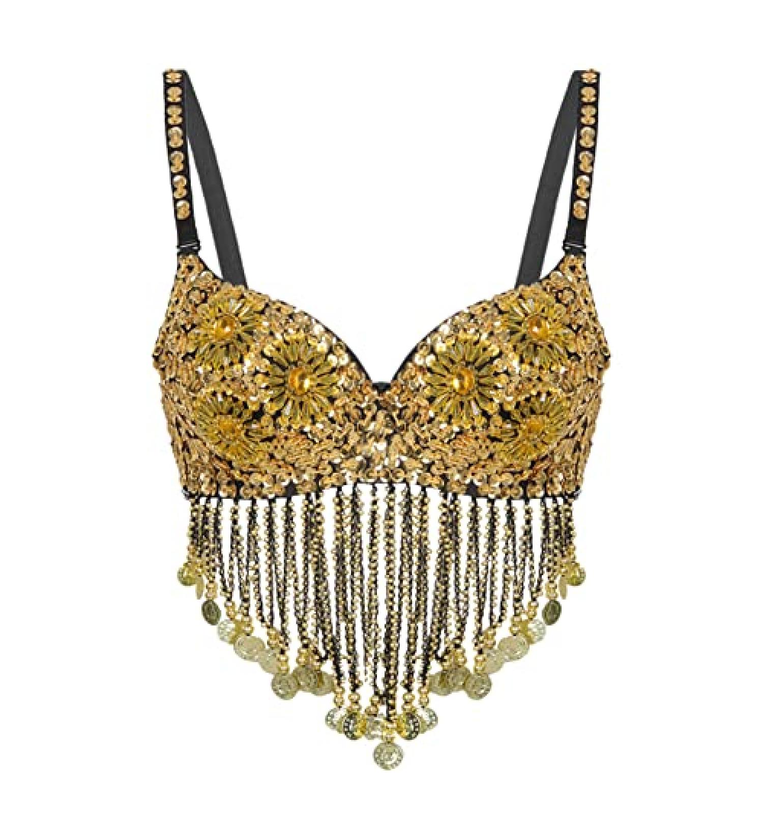 YOOJOO Women Tribal Sequin Belly Dance Bra Top with Beaded Fringe - Black - Buy Online on SooperMarket.com