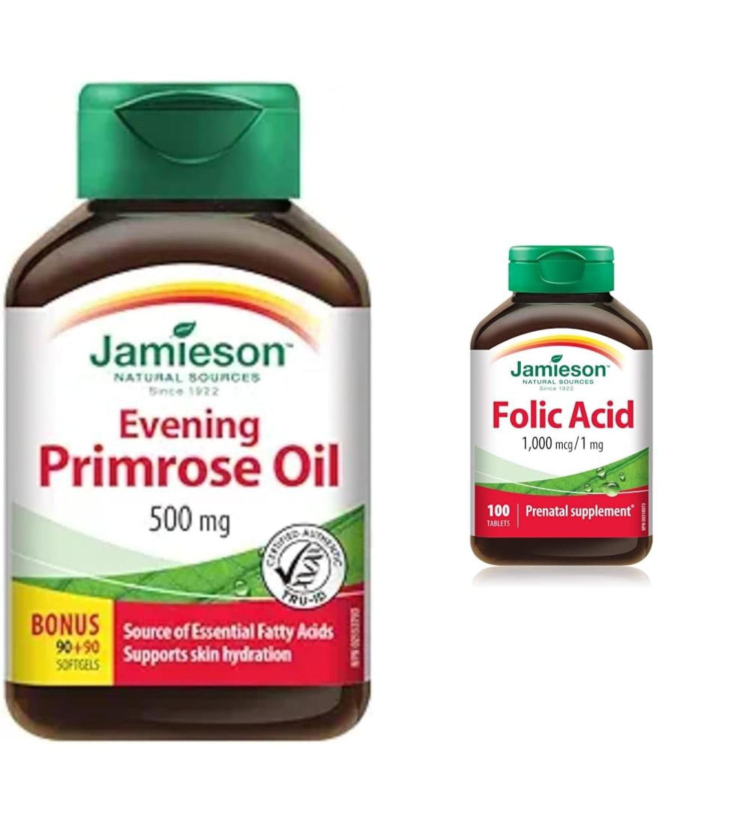 Evening Primrose Oil 500 mg Softgels - With Vitamin E Gluten-Free 180 Count (Pack of 1) & Folic Acid 1000mcg 100's 100 Tablets SUPPLEMENT + VITAMIN B0045P912Y - Buy Online on SooperMarket.com