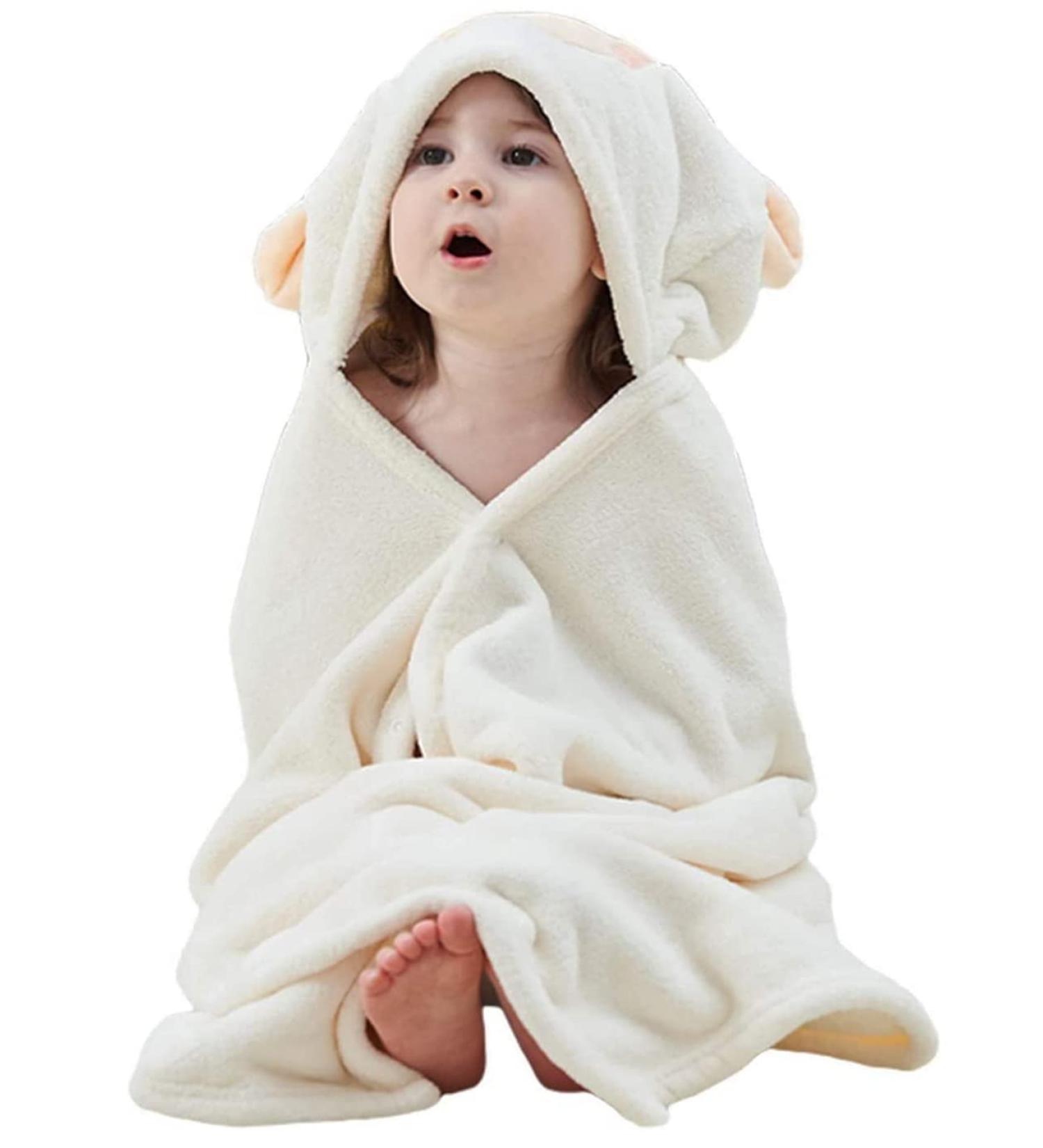 Gneliwm Baby Hooded Bath Towel Swaddle Wrap Blanket - Ultra Soft Coral Velvet Poncho for Newborns - White Sheep Design - Buy Online on SooperMarket.com