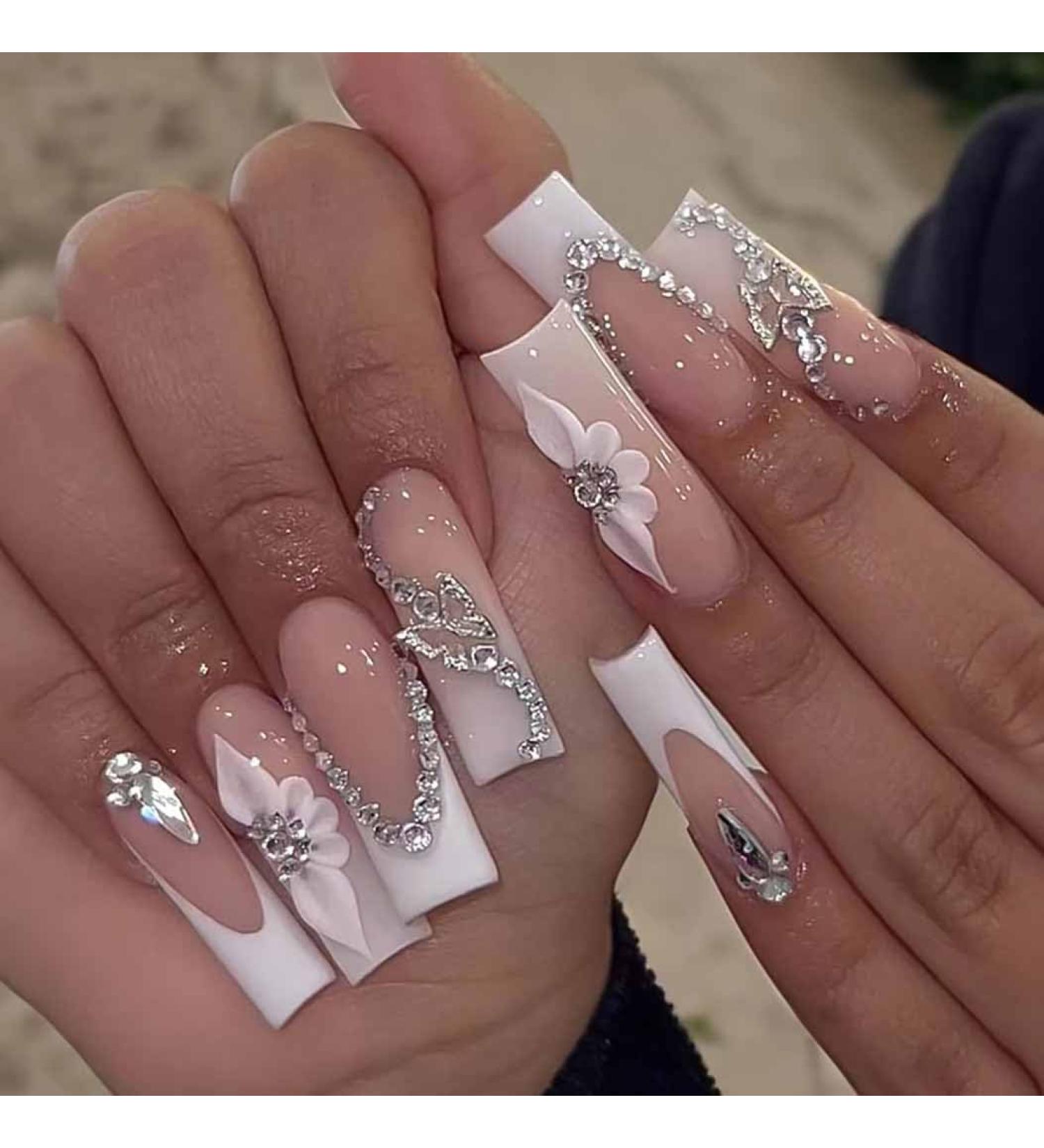 RikView French Tip Square Press-On Nails | Long Glossy White Nails with 3D Flowers | 24 PCS Stick-On Fake Nails - Buy Online on SooperMarket.com