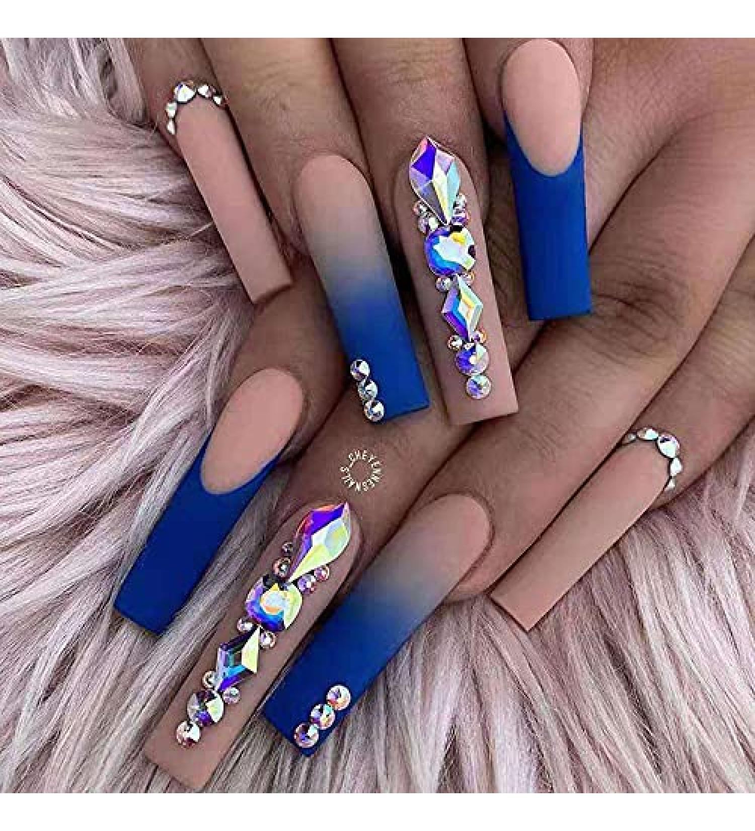 Brishow Coffin Rhinestone Press on Nails French Long Stick on Nails Ballerina Acrylic Fake Nails - Blue 24 Piece Set - Buy Online on SooperMarket.com
