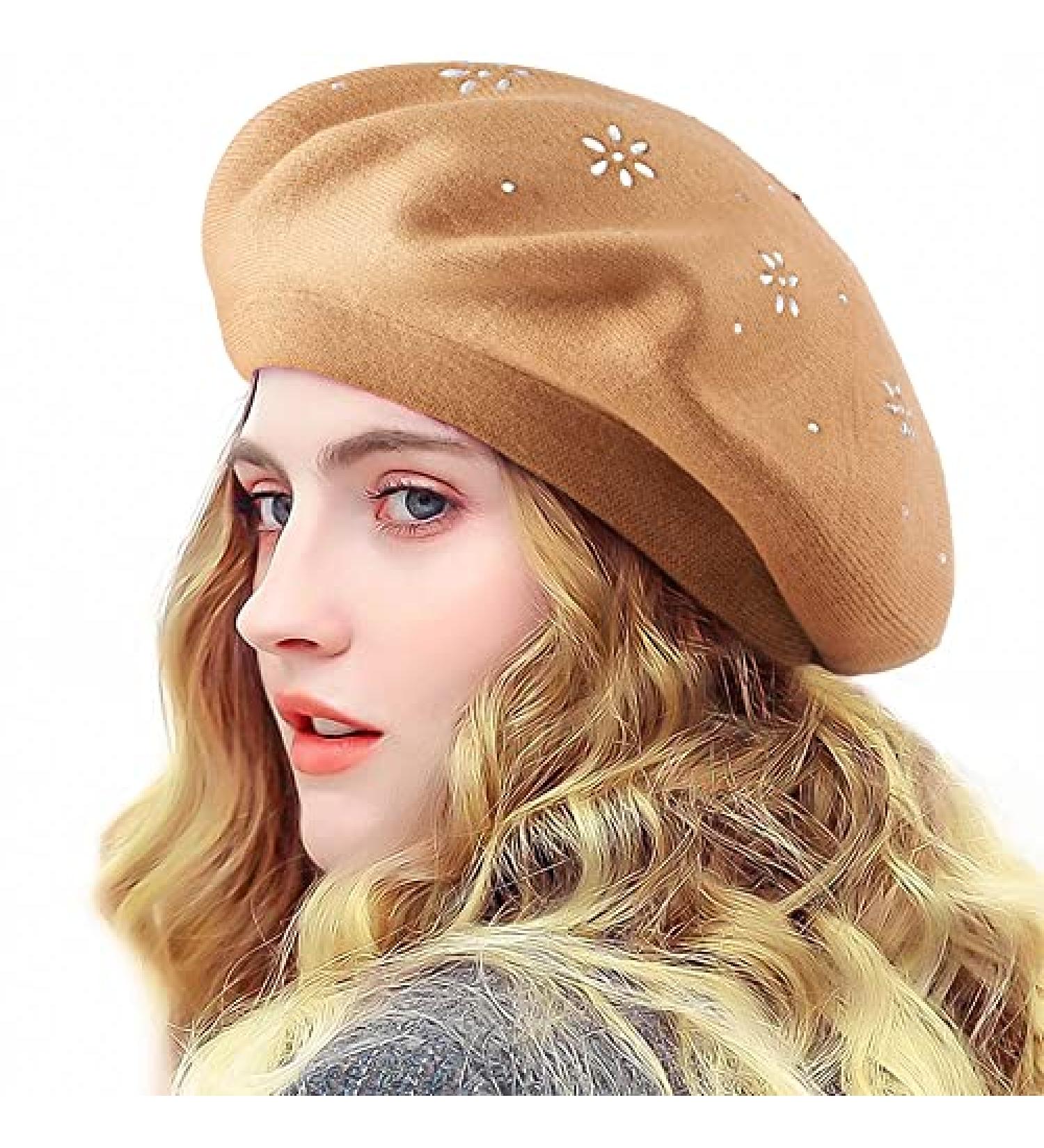 LADYBRO Rhinestone Beret Hat for Women - 2 Layer Wool French Winter Hat (Black/Red/Light Tan) - Floral Pattern - Buy Online on SooperMarket.com