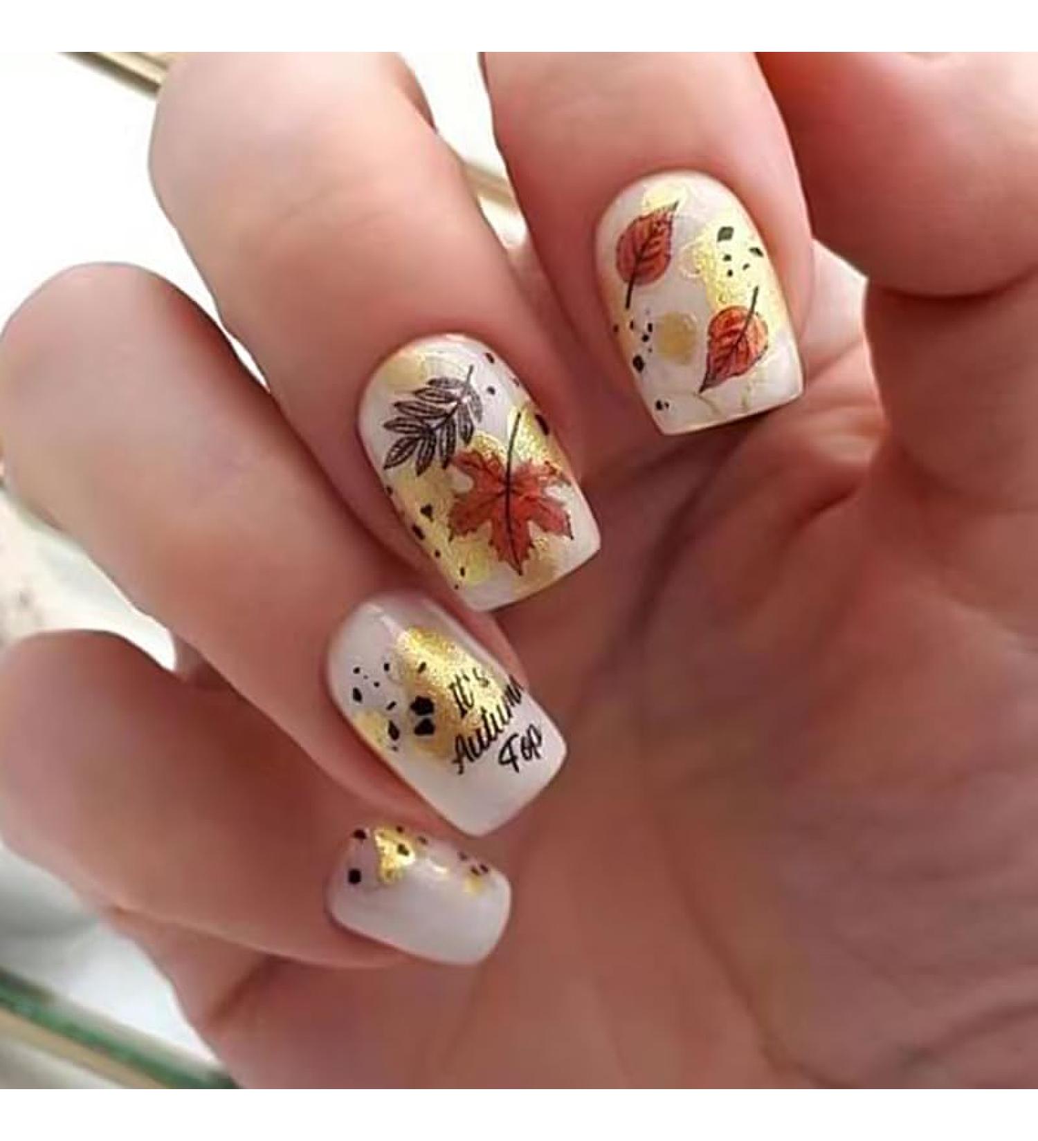 Fall Press On Nails - Short Square Acrylic with Leaf Design | Thanksgiving Stick-On Nails for Women & Girls - Buy Online on SooperMarket.com