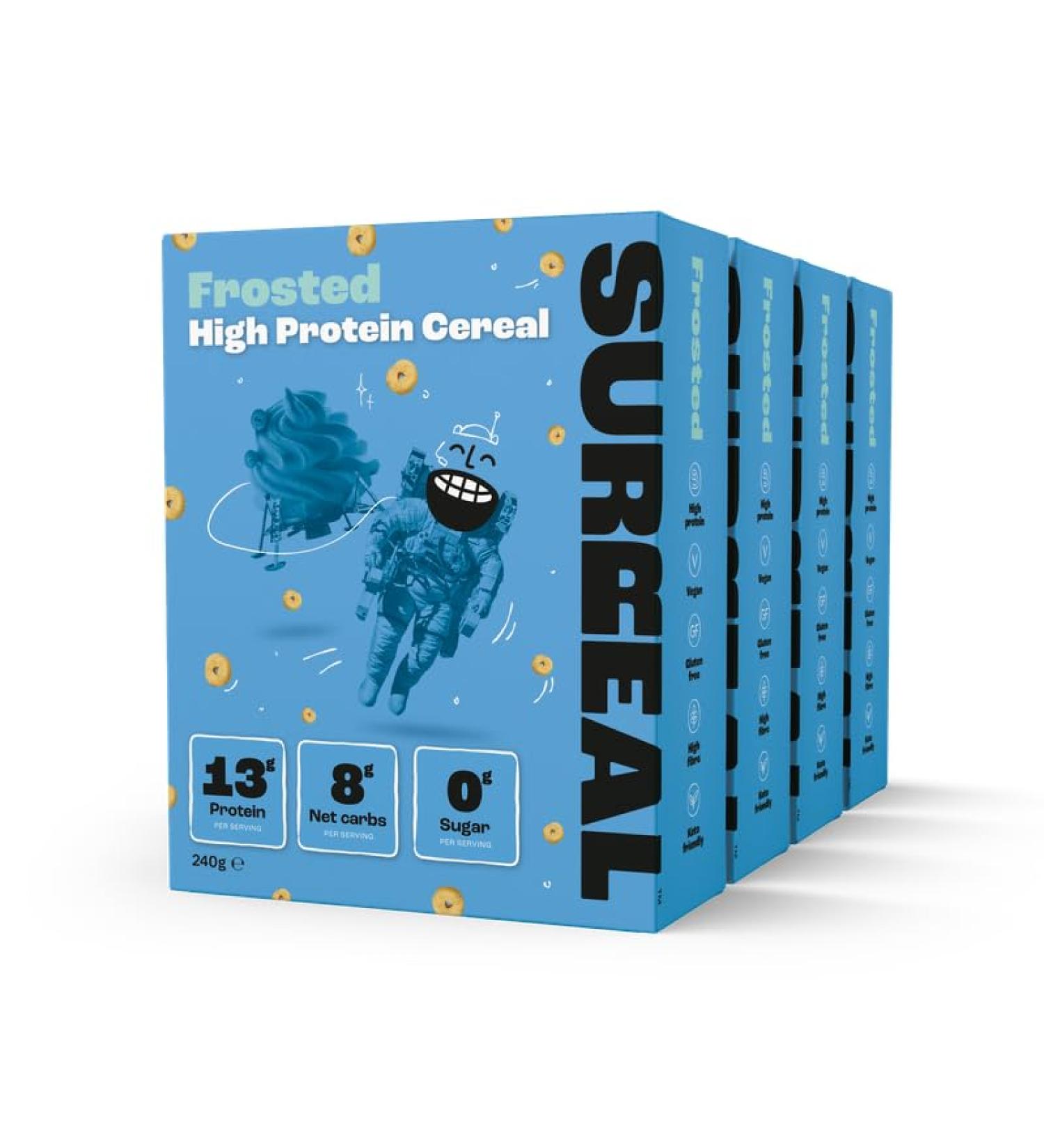 Surreal Frosted High Protein Cereal - Low Sugar- Healthy Plant Based Cereal - High in Fibre - Low Carb - Gluten Free - Vegan - 12g of Protein 0g of Sugar - 240g per Box - 4 Pack (4 x Frosted) - Buy Online on SooperMarket.com