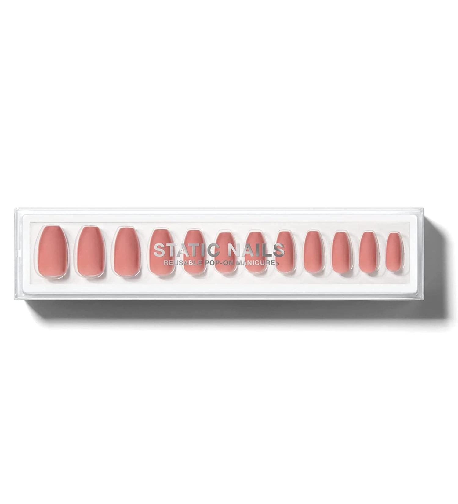 Static Nails Matte Rose Coffin Reusable Pop-On Manicure Set with Non-Damaging Glue - Fake Acrylic Press On Nails - Buy Online on SooperMarket.com
