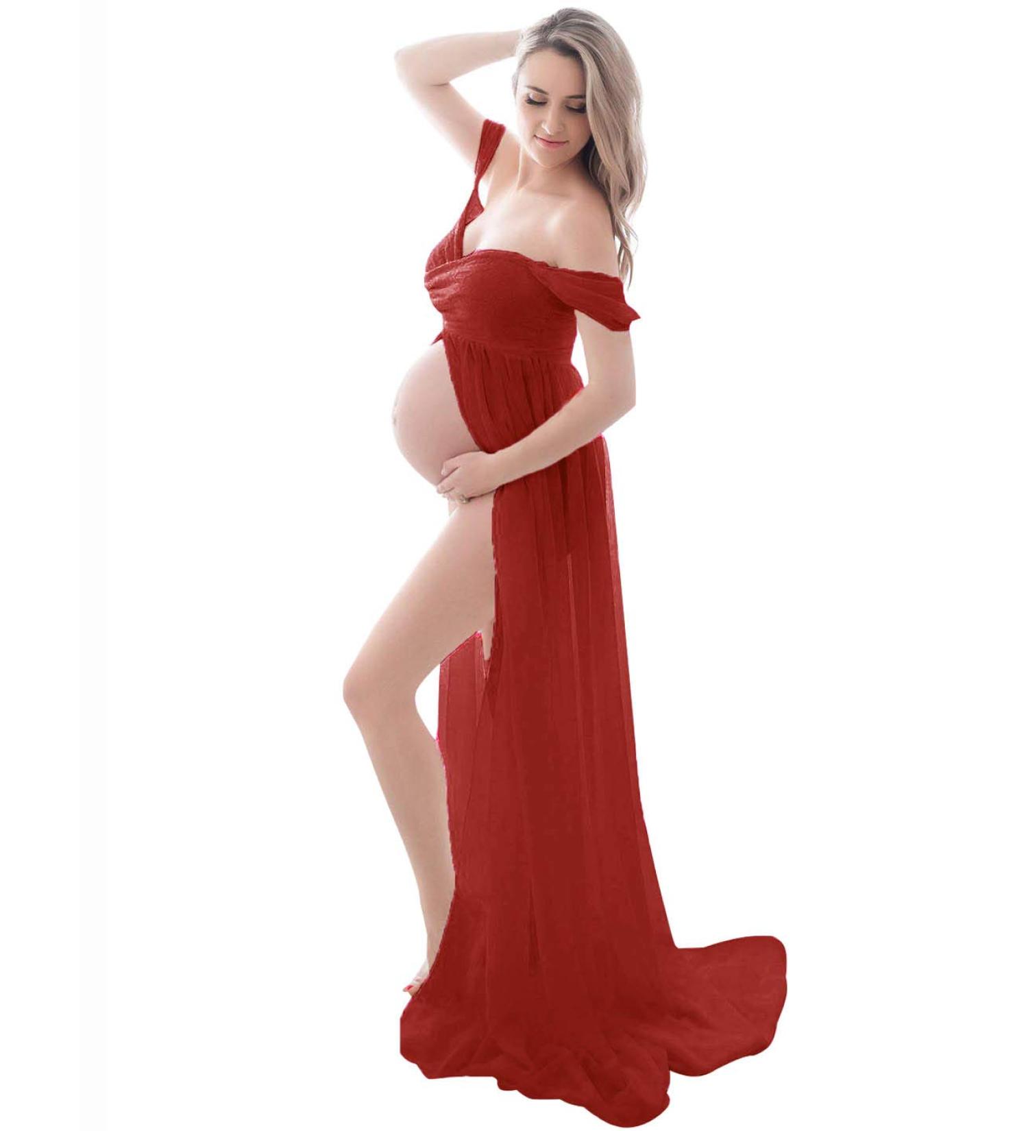 FEOYA Maxi Maternity Dress: Chiffon Lace Strapless Gown for Pregnant Women Photography - Red - Buy Online on SooperMarket.com