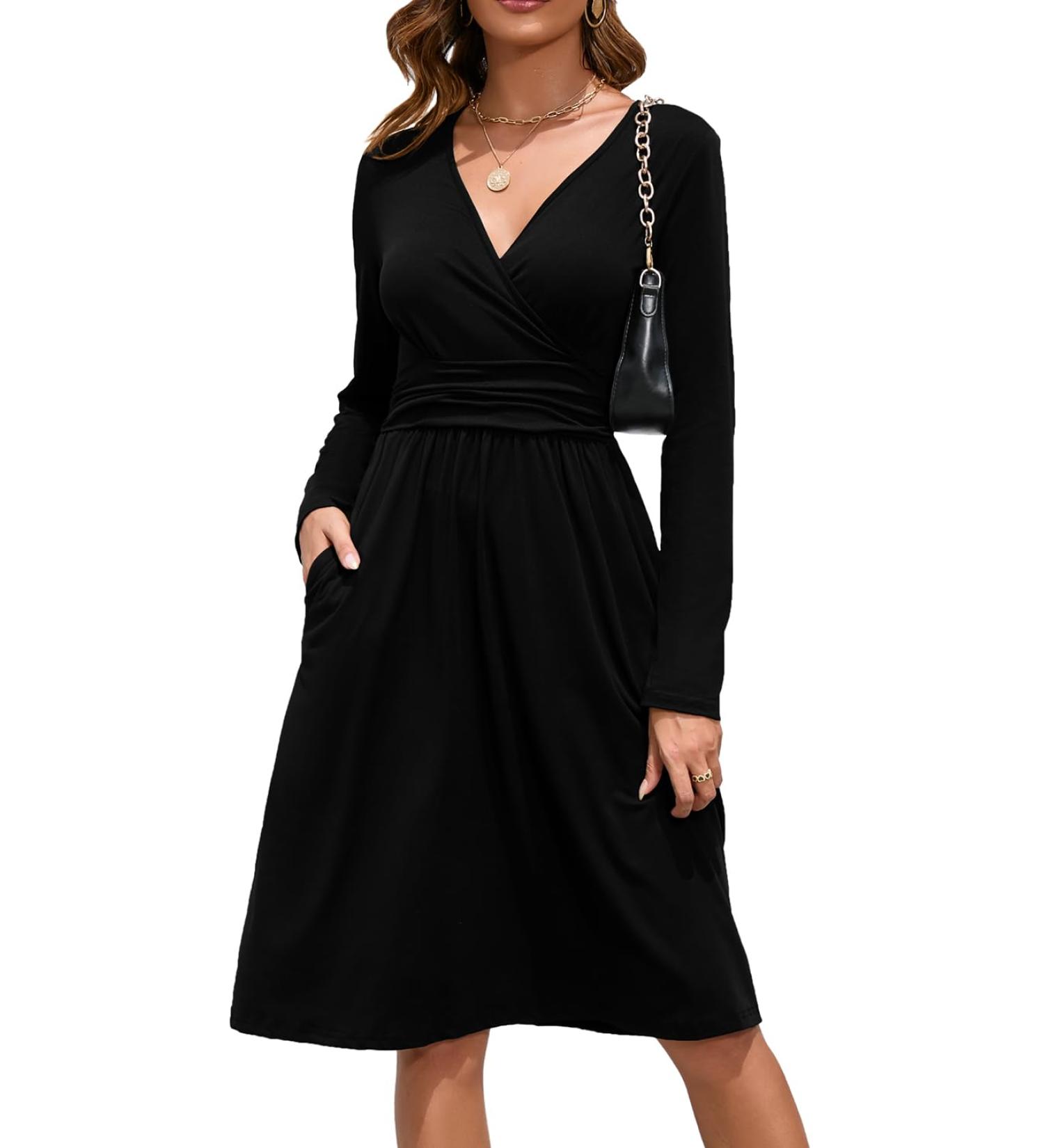 OUGES Women's Spring Casual Midi Dress - Long Sleeve V-Neck Floral Wrap Dress with Pockets - Buy Online on SooperMarket.com