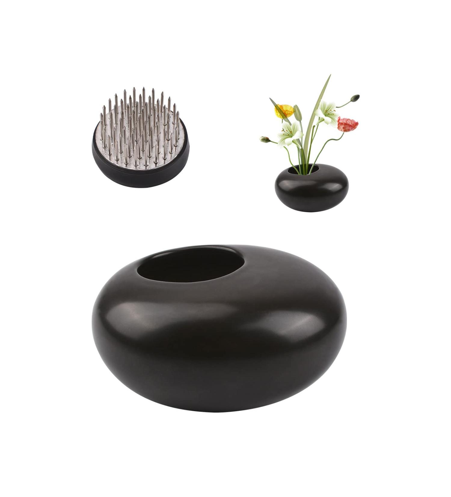 WANDIC Round Flower Frog & Ceramic Flower Pot Set - Shiny Black Pebble - Ikebana Floral Arrangement Supplies for Home and Office Decoration - Buy Online on SooperMarket.com