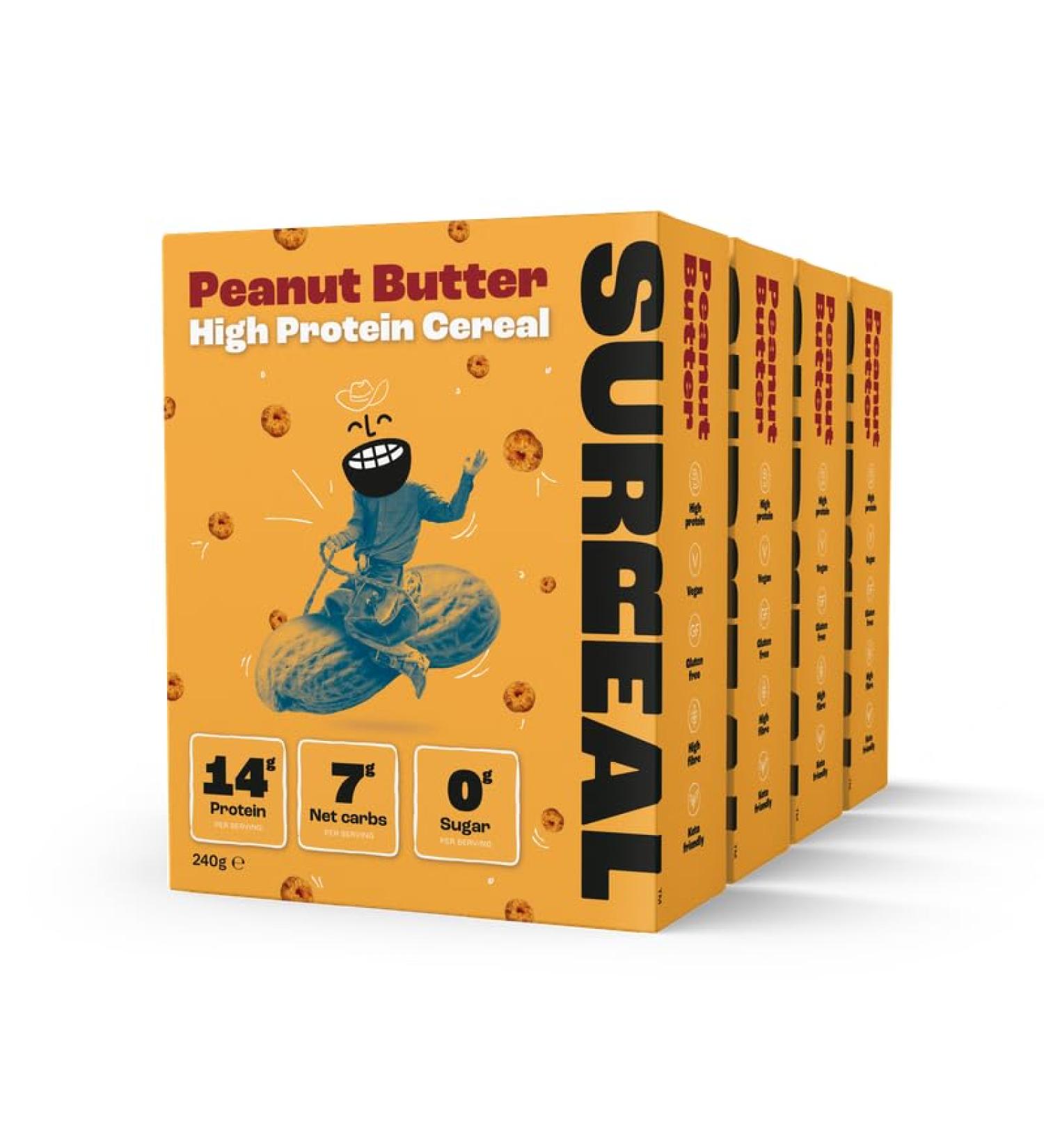 Surreal Peanut - High Protein Cereal - Low Sugar- Healthy Plant Based Cereal - High in Fibre - Low Carb - Gluten Free - Vegan - 13g of Protein 0g of Sugar - 240g per Box - 4 Pack (4 x Peanut) - Buy Online on SooperMarket.com