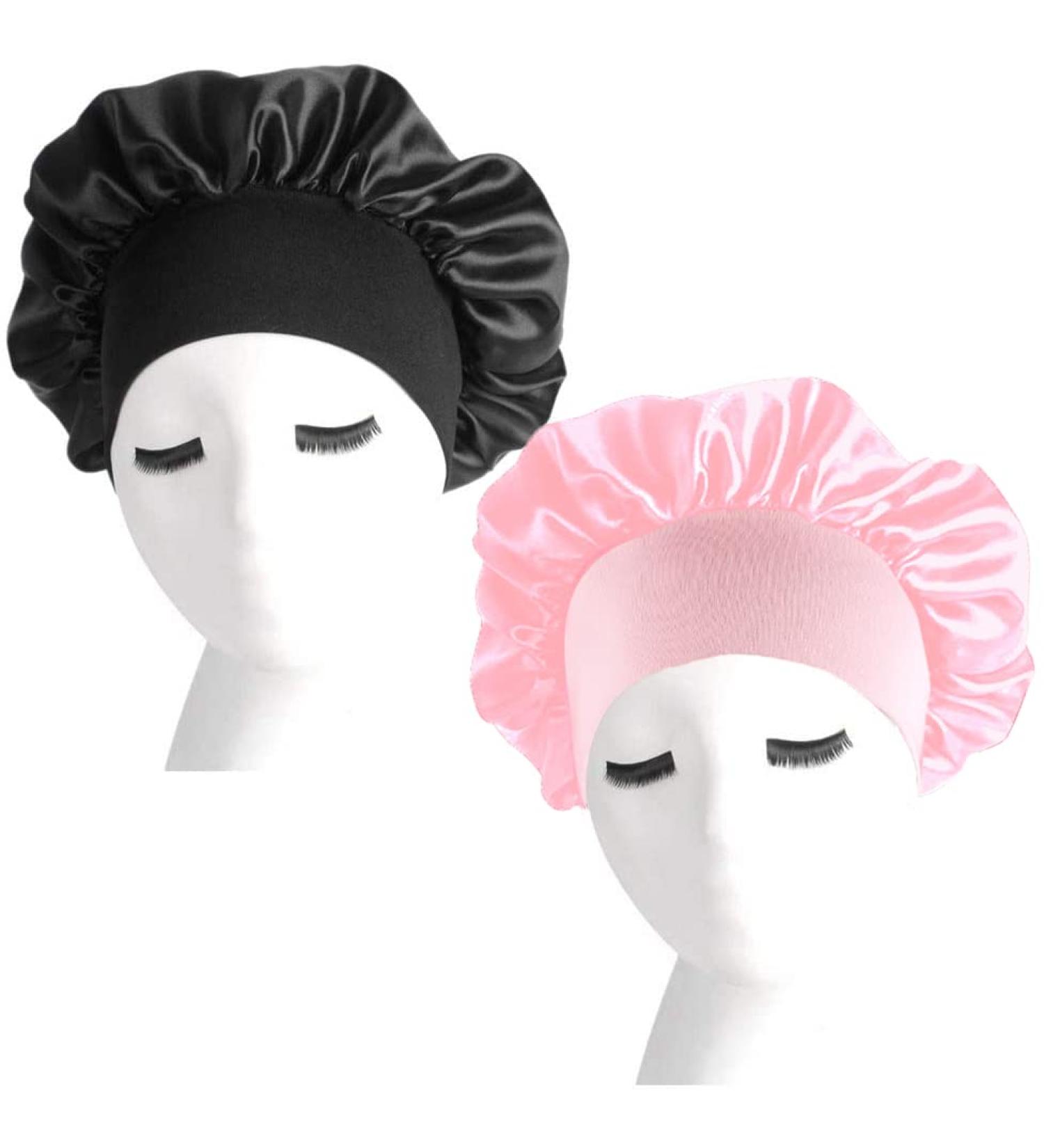 nuoshen 2 Pack Satin Bonnet with Wide Elastic Band Satin Bonnets Elastic Hat Soft Sleeping Head Cover for Night Sleep Curly Hair Protection Head Cover (Black+Pink) - Buy Online on SooperMarket.com