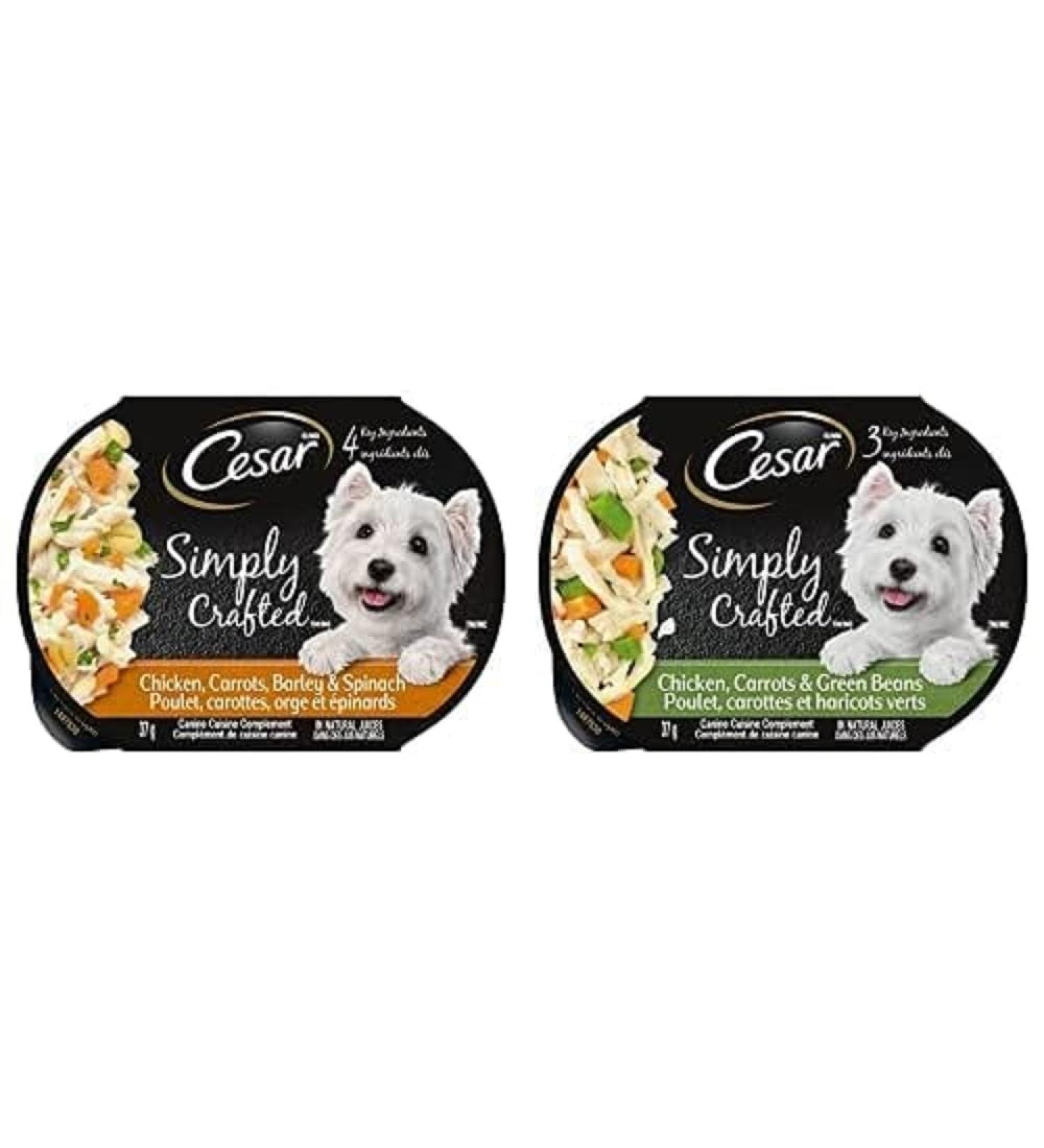 Cesar Simply Crafted Wet Dog Food Chicken Carrots Barley & Spinach 37g Pack of 10 and Crafted Wet Dog Food Chicken Carrots & Green Beans 37g Pack of 10