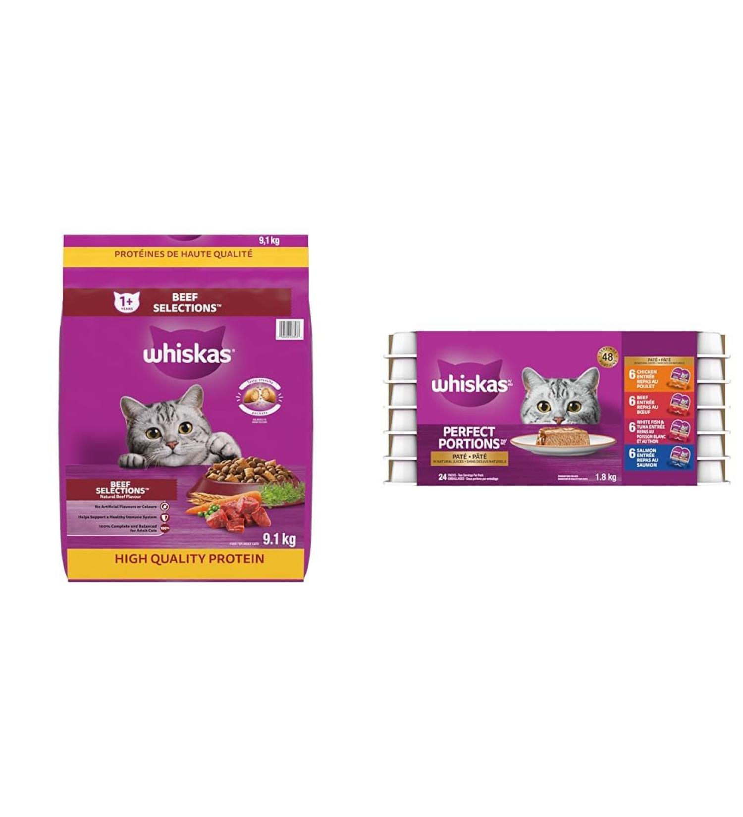 WHISKAS Adult Dry Cat Food - Beef Selections Flavour 9.1kg Bag & Perfect Portions Adult Wet Cat Food - Chicken Beef Whitefish and Tuna Salmon 75g Trays (24 Pack) - Buy Online on SooperMarket.com