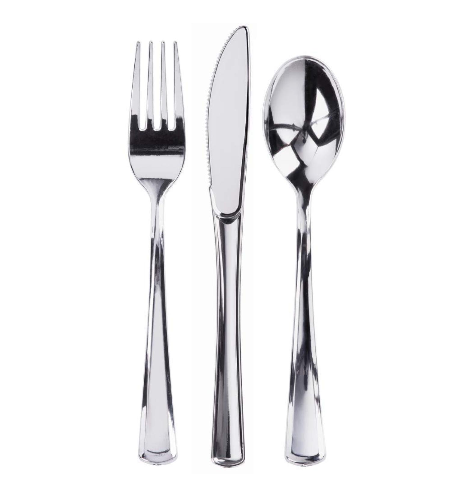 300 Plastic Silverware Set - Disposable Cutlery Utensils - Heavy Duty Bulk Flatware Set Silver - 100 Forks, 100 Spoons, 100 Knives - Buy Online on SooperMarket.com