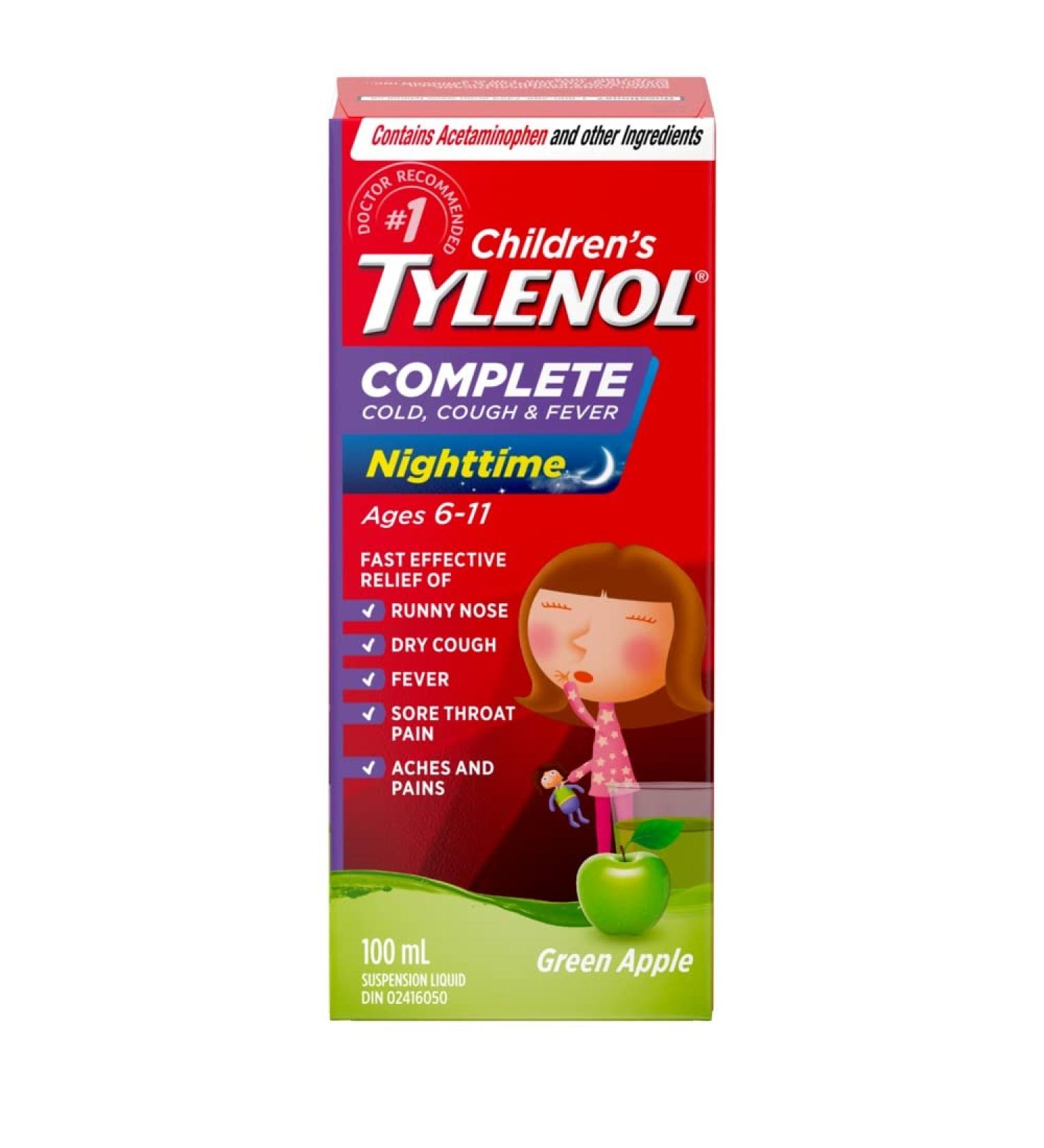 TYLENOL Children s Complete Cold Cough & Fever Suspension Liquid Nighttime Relieves Cough Cold & Fever symptoms 100mL Green Apple Flavour For ages 6-11yrs - Buy Online on SooperMarket.com