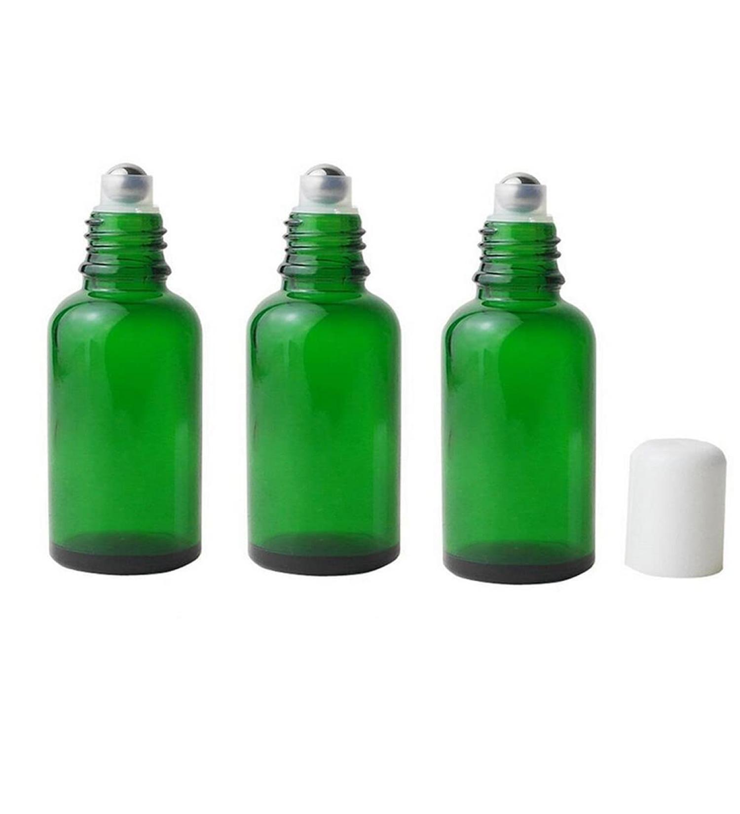 3PCs 50ml Refillable Green Glass Essential Oil Roll-On Bottles | Cosmetic Sample Packaging with Metal Roller Ball & White Cap - Perfect for Perfume & Essential Oils - Buy Online on SooperMarket.com