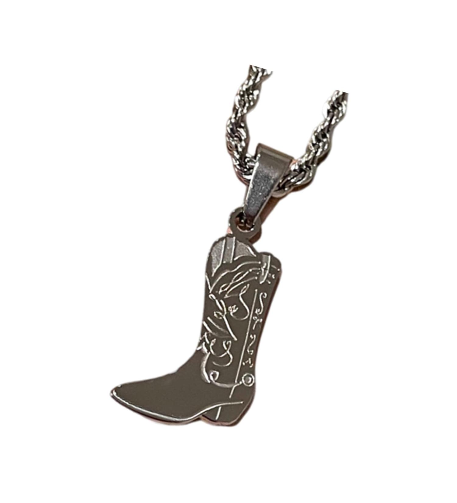 Oralgo Cowboy Boot Pendant Necklace - Unique Engraved Steel Color Jewelry for Sophisticated Style - Buy Online on SooperMarket.com