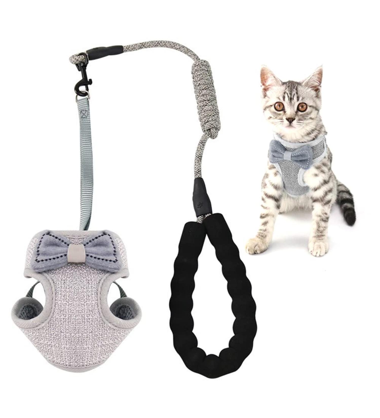 Escape Proof Cat Harness and Lead Set - Adjustable Soft Vest with Breathable Mesh and Cute Bow Design | 45 inch Leash | Gray, for Small to Medium Cats (2.5kg - 10kg) - Buy Online on SooperMarket.com