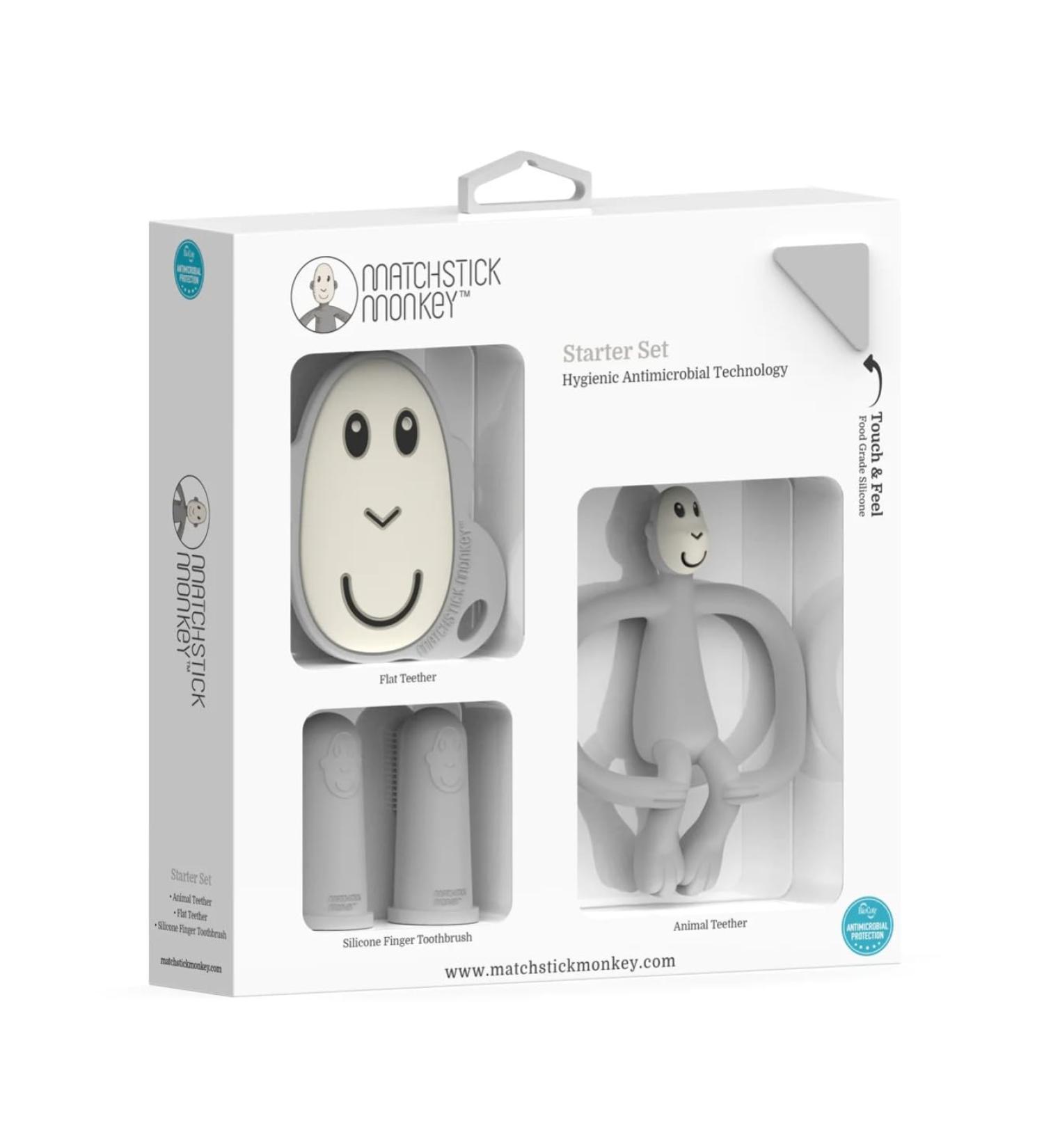 Matchstick Monkey Antimicrobial Teething Starter Set - Flat Face & Animal Teethers, Silicone Finger Toothbrushes - Grey Monkey Set for Babies 3 Months - Buy Online on SooperMarket.com