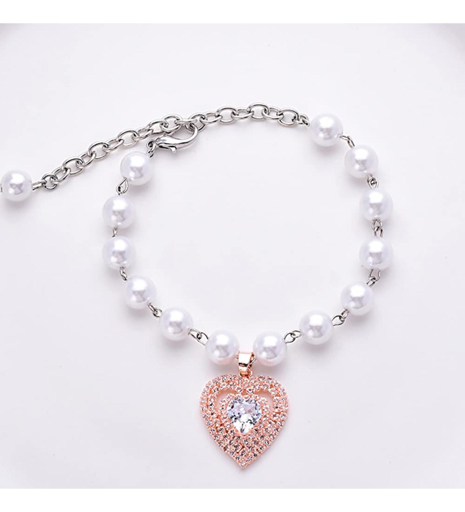 Rayminsino Pet Necklace Elegant Cardiac & Cat Pearls with Shiny Gemstones | Pearl-Strass Collar for Small Cats & Dogs | Rose Gold Wedding Jewelry - Buy Online on SooperMarket.com
