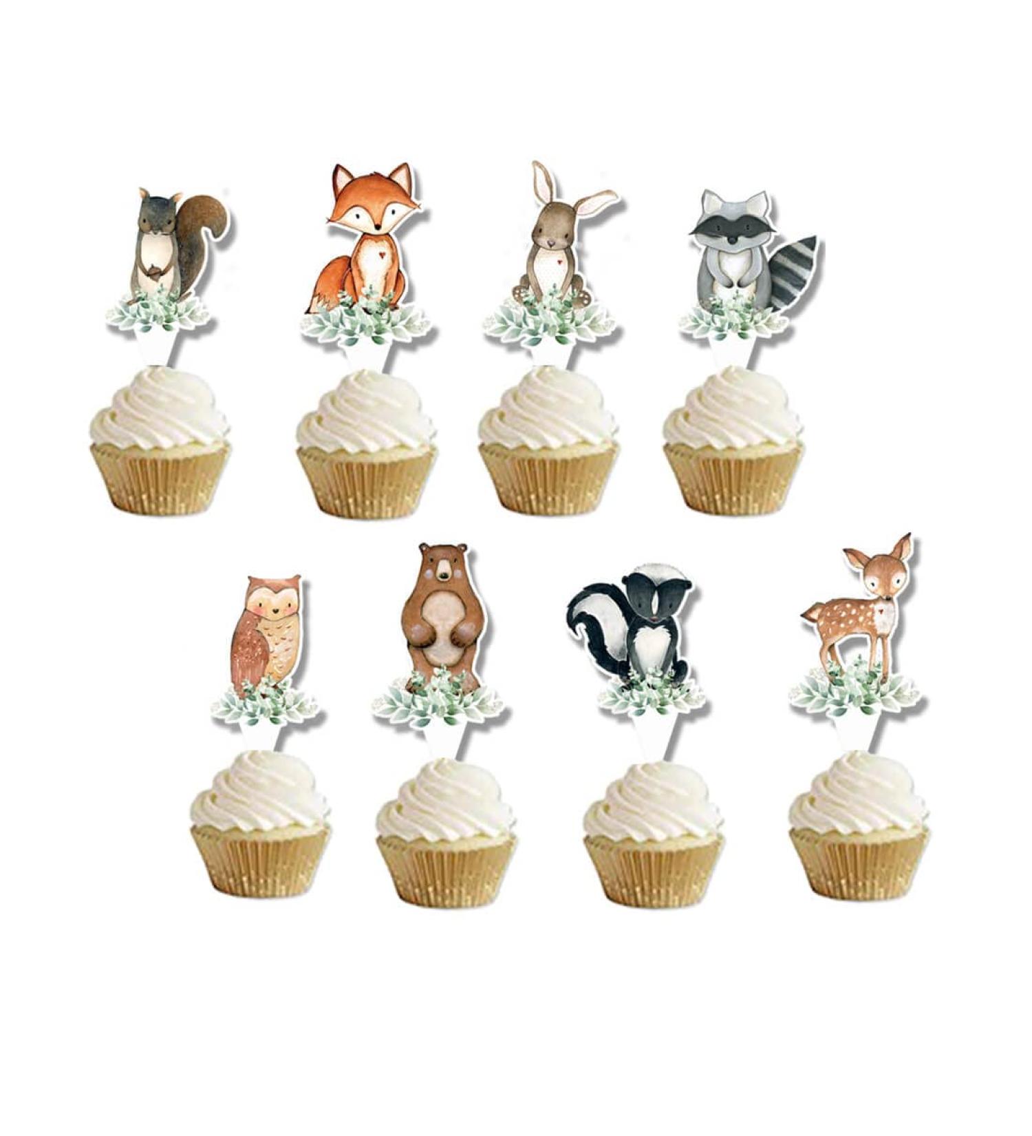 HEETON Woodland Party Cupcake Topper Woodland Baby Shower Welcome Baby Fox Deer Happy Birthday Theme Woodland Creatures Fawn Animal Party Supplies Decorations 48pcs