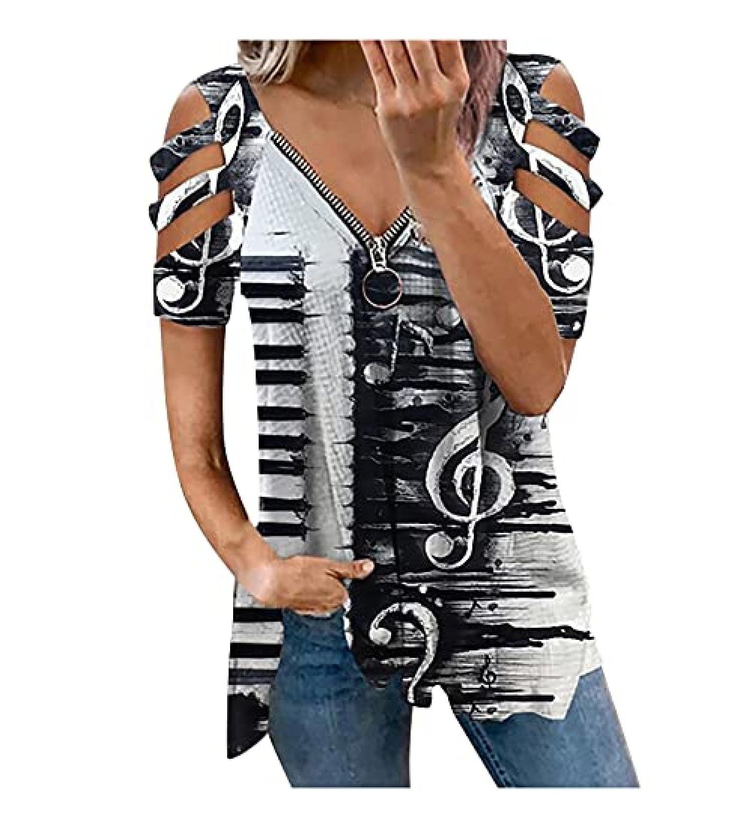 Women's V-Neck Zipper Print Off-Shoulder Top | Short Sleeved T-shirt - Buy Online on SooperMarket.com