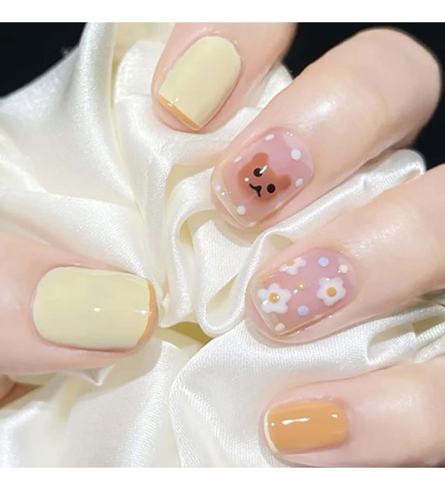 RikView Yellow Bear & Flower Short Fake Nails - Glossy Square Press on Nails for Women - Buy Online on SooperMarket.com