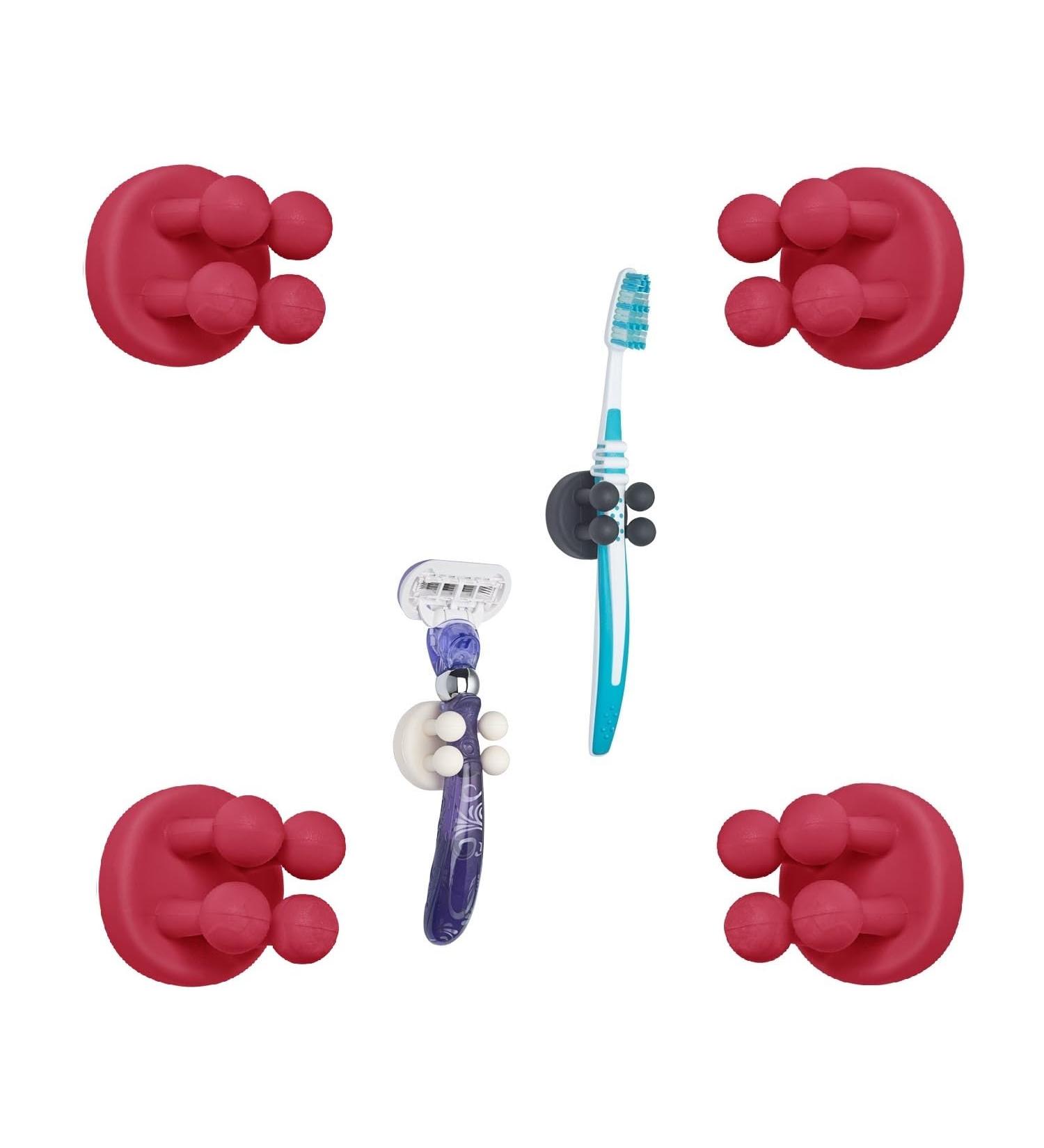 Tecbull Funny Hooks Toothbrush & Razor Holder - Self-Adhesive No Drill 4x Raspberry Red Clamping Brackets & Replacement Pads - Perfect for Shower & Bathroom Organization - Buy Online on SooperMarket.com
