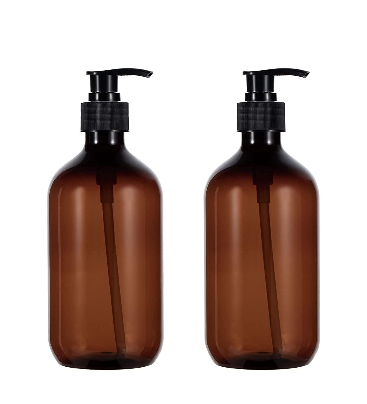 2 Pack 17oz Amber Plastic Pump Shampoo Bottles | Refillable Dispenser for Soap, Shampoo & Conditioner - 500ml Brown - Buy Online on SooperMarket.com