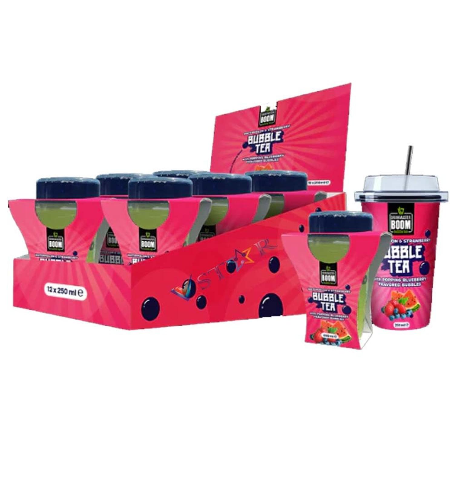 Boom Watermelon Strawberry BlueberrryMojito Mint Mango & PeachBubble Tea 250ml (12 Boom Watermelon Strawberry Blueberrry Bubble Tea) Boom Watermelon Strawberry Blueberrry Bubble Tea 12