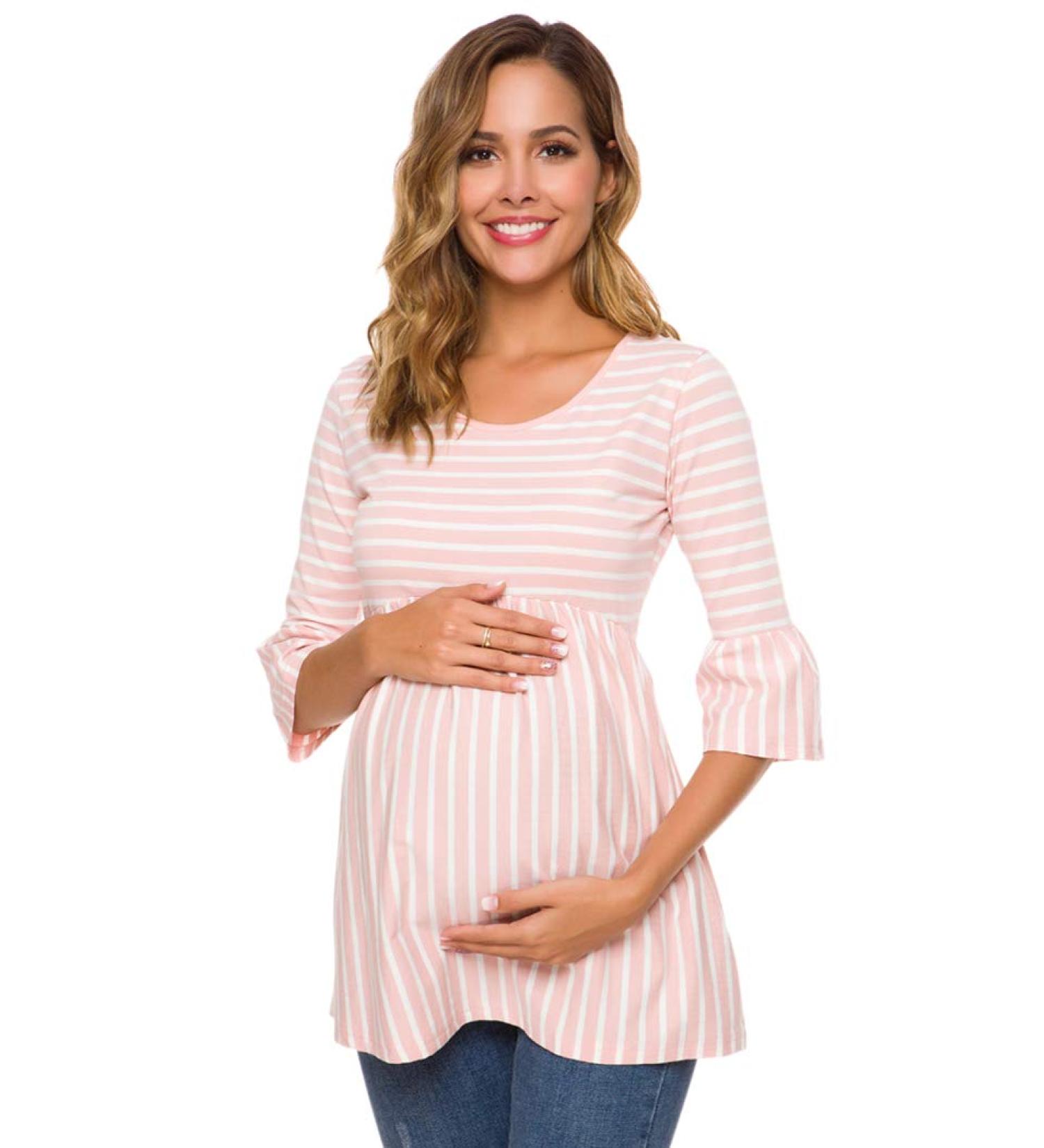 Love2Mi Women Maternity Blouse XL Pink Stripe | Pregnancy Shirt 3/4 Bell-Sleeve | Striped Maternity Clothes - Buy Online on SooperMarket.com