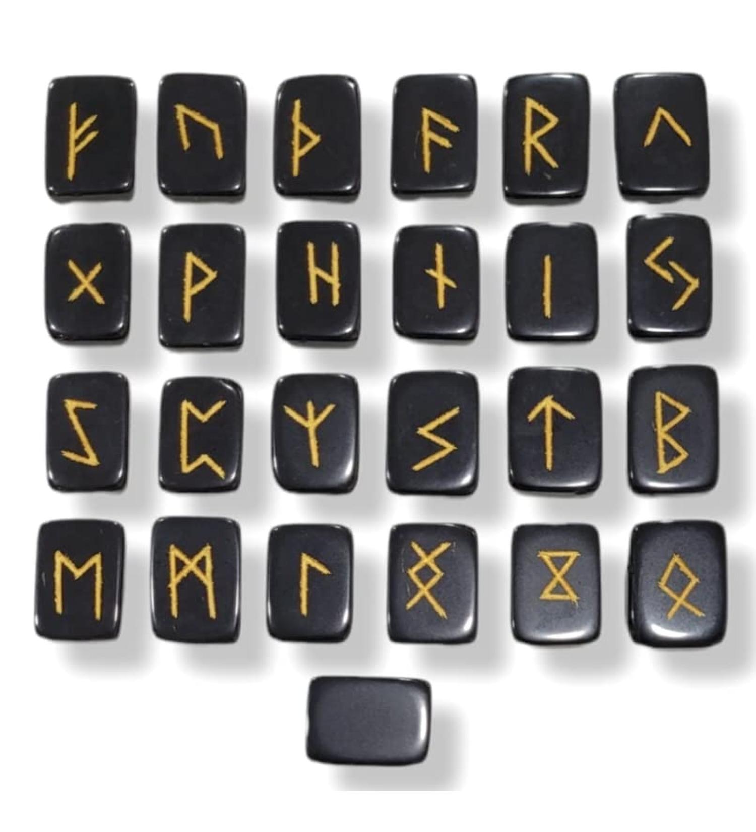 Black Tourmaline Runes Crystal Rune Stones Set Elder futhark Viking Gemstone Reiki Healing Golden Engraved Runic Alphabets (Black Tourmaline) - Buy Online on SooperMarket.com