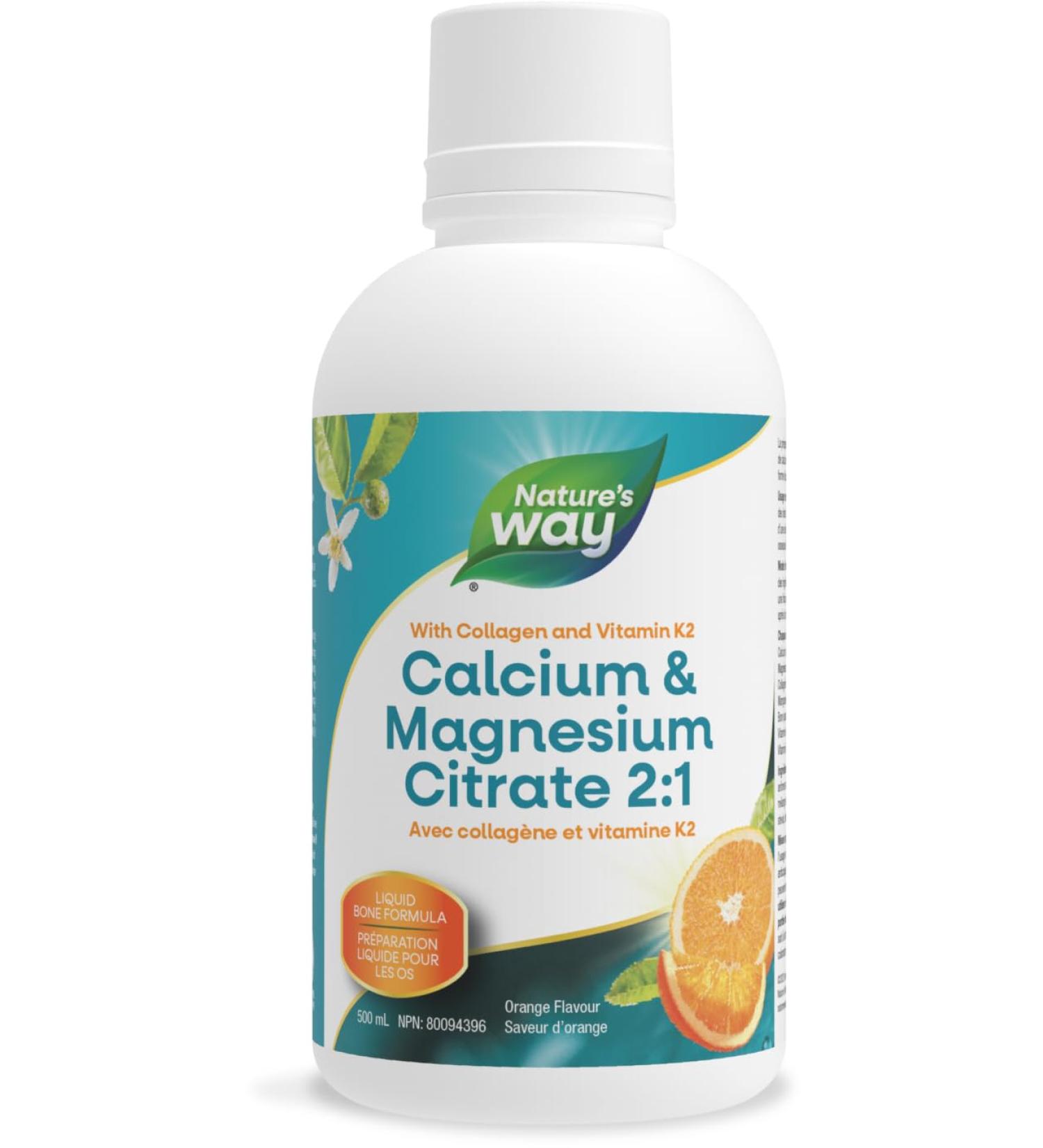 Nature's Way Calcium and Magnesium Citrate 2:1 - Liquid Supplement with Vitamin D3 Vitamin K2 and Collagen Helps Support the Maintenance of Bones and Teeth Orange Flavour 500 mL - Buy Online on SooperMarket.com