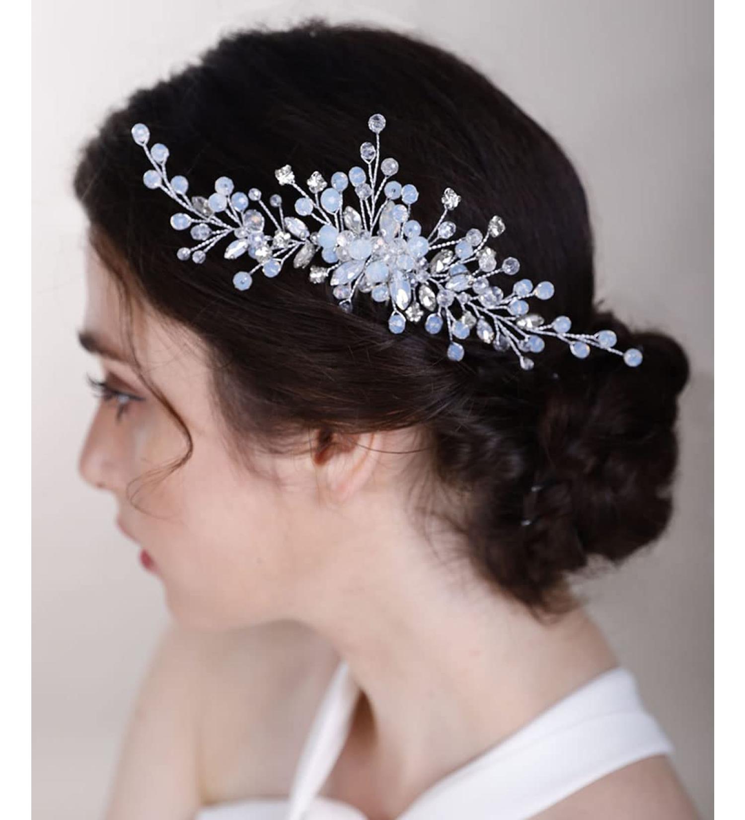 Chargances Bridal Crystal Hair Comb Wedding Blue Beaded Gemstone Hair Side Comb Fashion Flower Headband Headpieces Wedding Prom Flower Girl Hair Accessories for Women and Girls (Silver) - Buy Online on SooperMarket.com