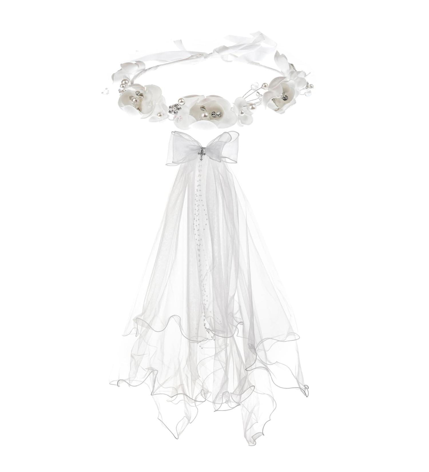 Merroyal Girls Communion Bow and Dangle Cross Charm with 24 Inch Veil on Hair Comb with White Floral Crown (Veil with Crsytal One Size) Veil With Crsytal One Size - Buy Online on SooperMarket.com