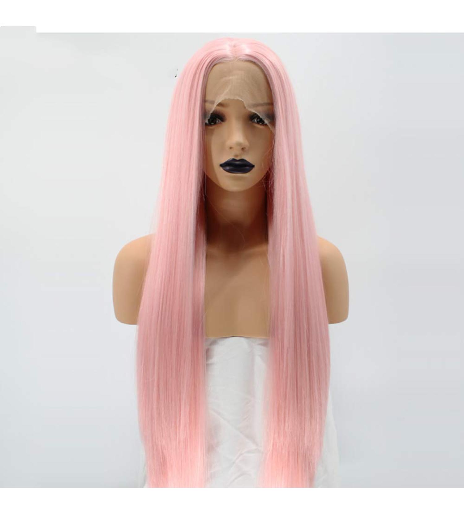 SHIYID Natural Hairline High Temperature Fiber Middle Part Long Silky Straight Pink Synthetic Lace Front Wig For White Women
