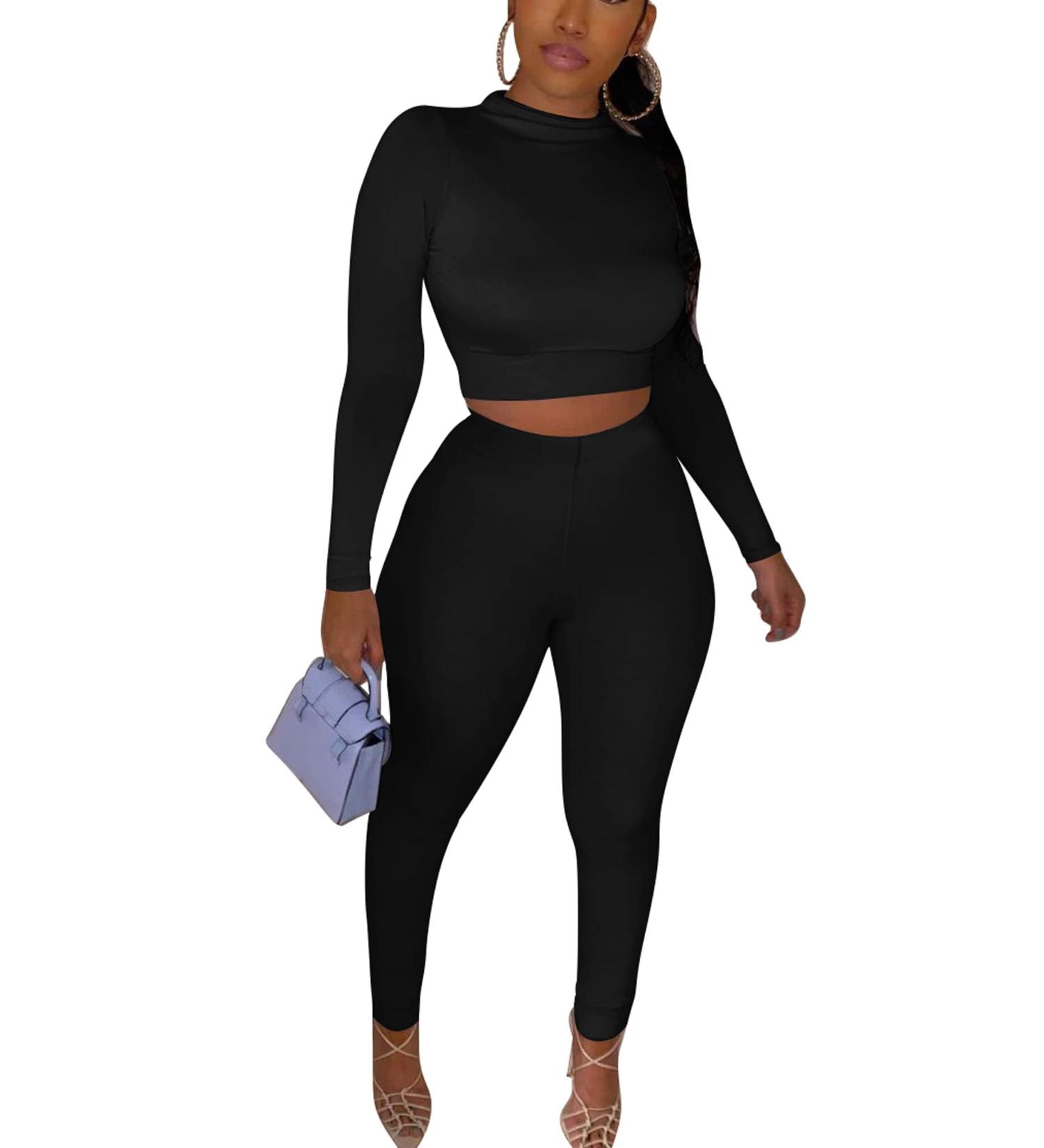 Kaximil Women's Workout Tracksuit Set - Long Sleeve Crop Top & High Waist Legging Pants - X-Large Black - Buy Online on SooperMarket.com