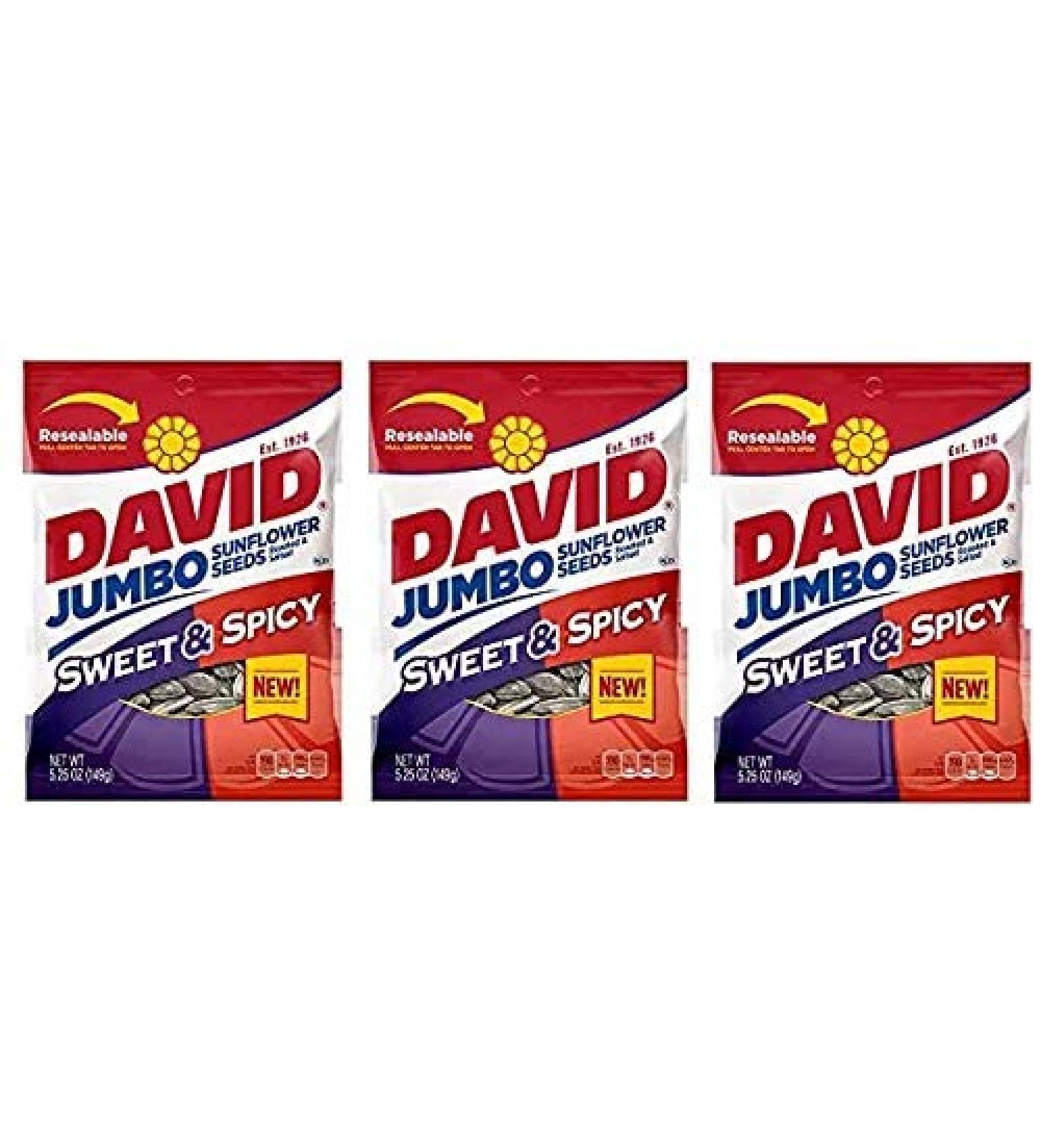 DAVID Roasted and Salted Sweet and Spicy Jumbo Sunflower Seeds, 5.25 Ounces (3-Pack) Salted,Roasted 5.25 Ounce (Pack of 3)