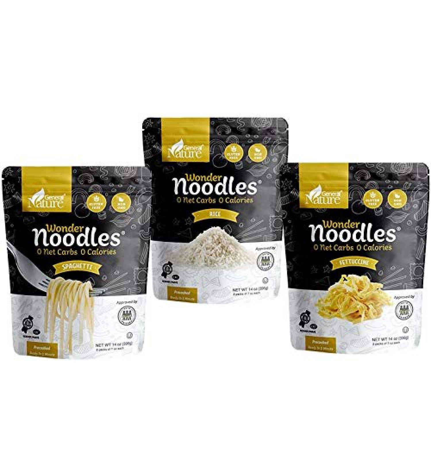 Wonder Noodles Variety Pack - Carb-Free Keto Pasta - Gluten-Free Kosher Vegan Zero Calories - Ready-to-Eat Spaghetti, Fettuccine, Rice (14oz Each) - Buy Online on SooperMarket.com