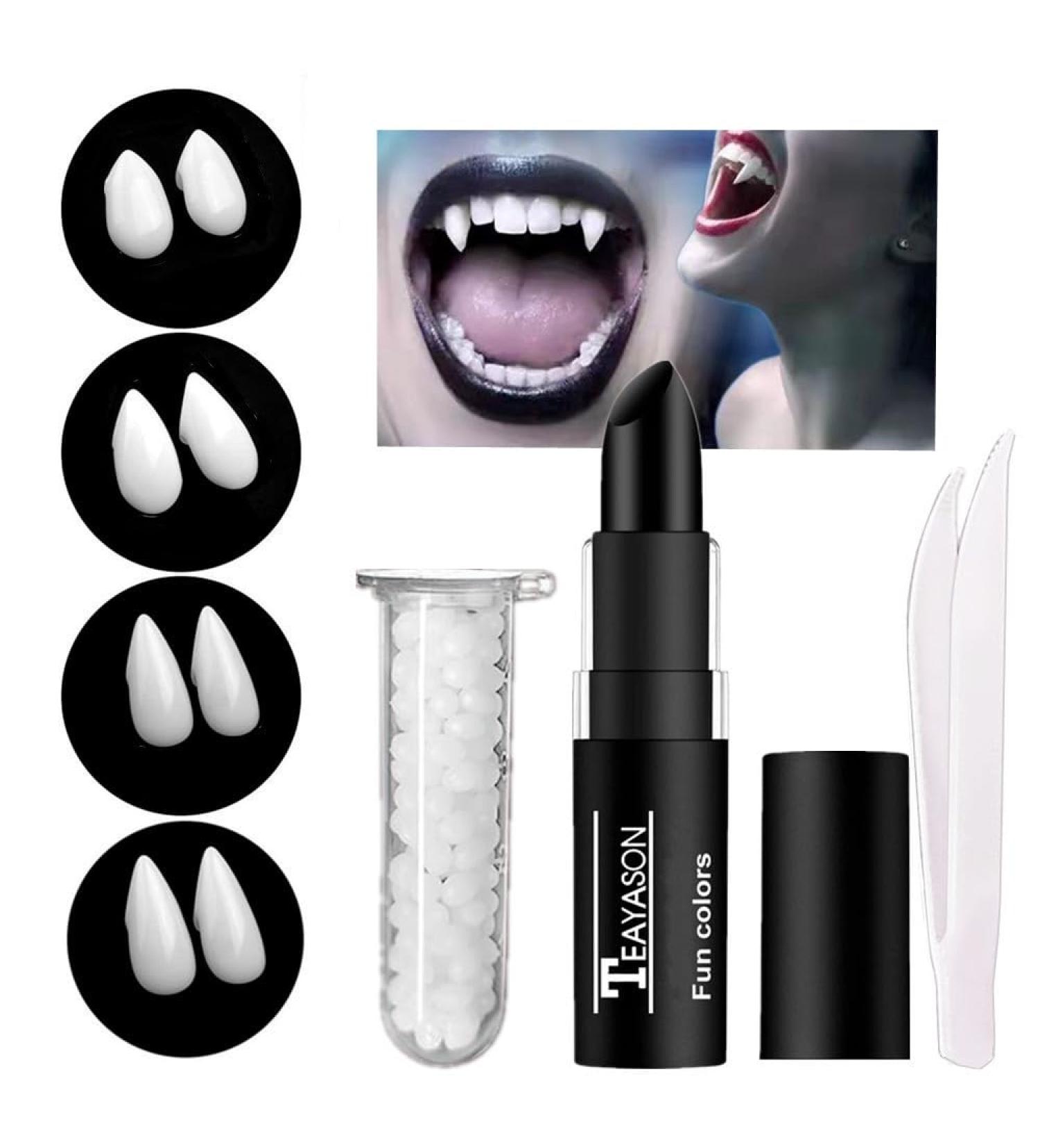 Go Ho Halloween Vampire Fangs & Black Lipstick Kit - 4 Sizes Cosplay Props | Perfect Accessories for Halloween Party Decorations - Buy Online on SooperMarket.com
