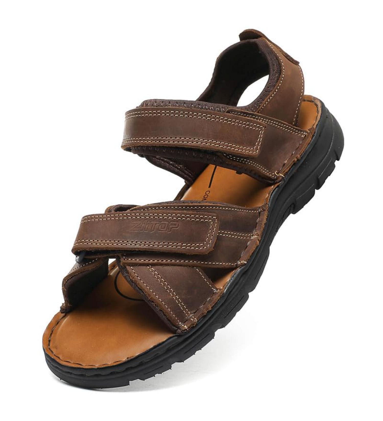 Ziitop Men's Leather Sandals - Slip-Resistant Outdoor Beach & Trekking Shoes - Adjustable Velcro - Size 46 EU - Dark Brown - Buy Online on SooperMarket.com
