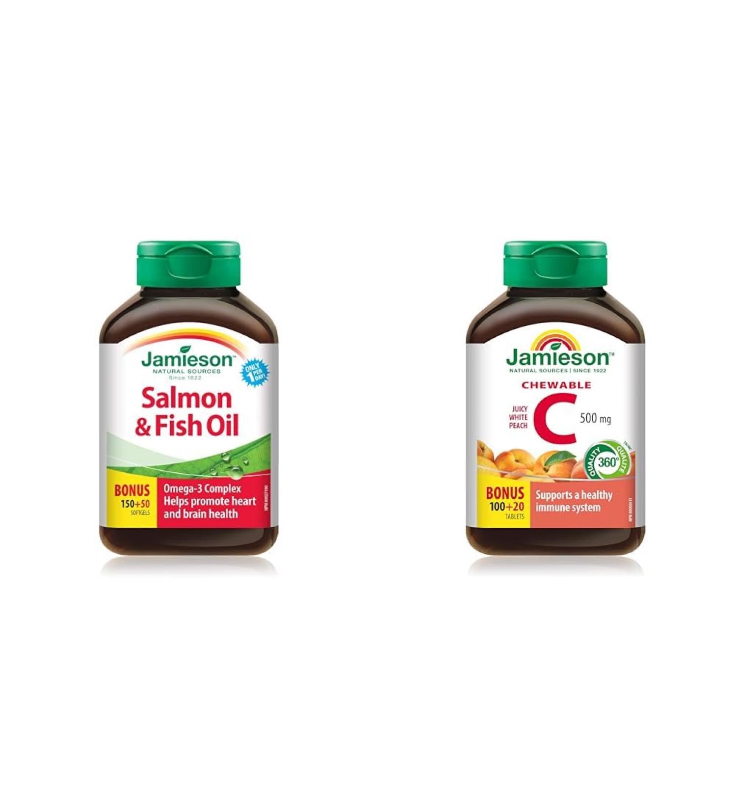 Jamieson Salmon and Fish Oil 1 000 mg & Chewable Vitamin C 500 mg - White Juicy Peach Flavour 120 Count (Pack of 1) SUPPLEMENT + VITAMIN 9221 - Buy Online on SooperMarket.com