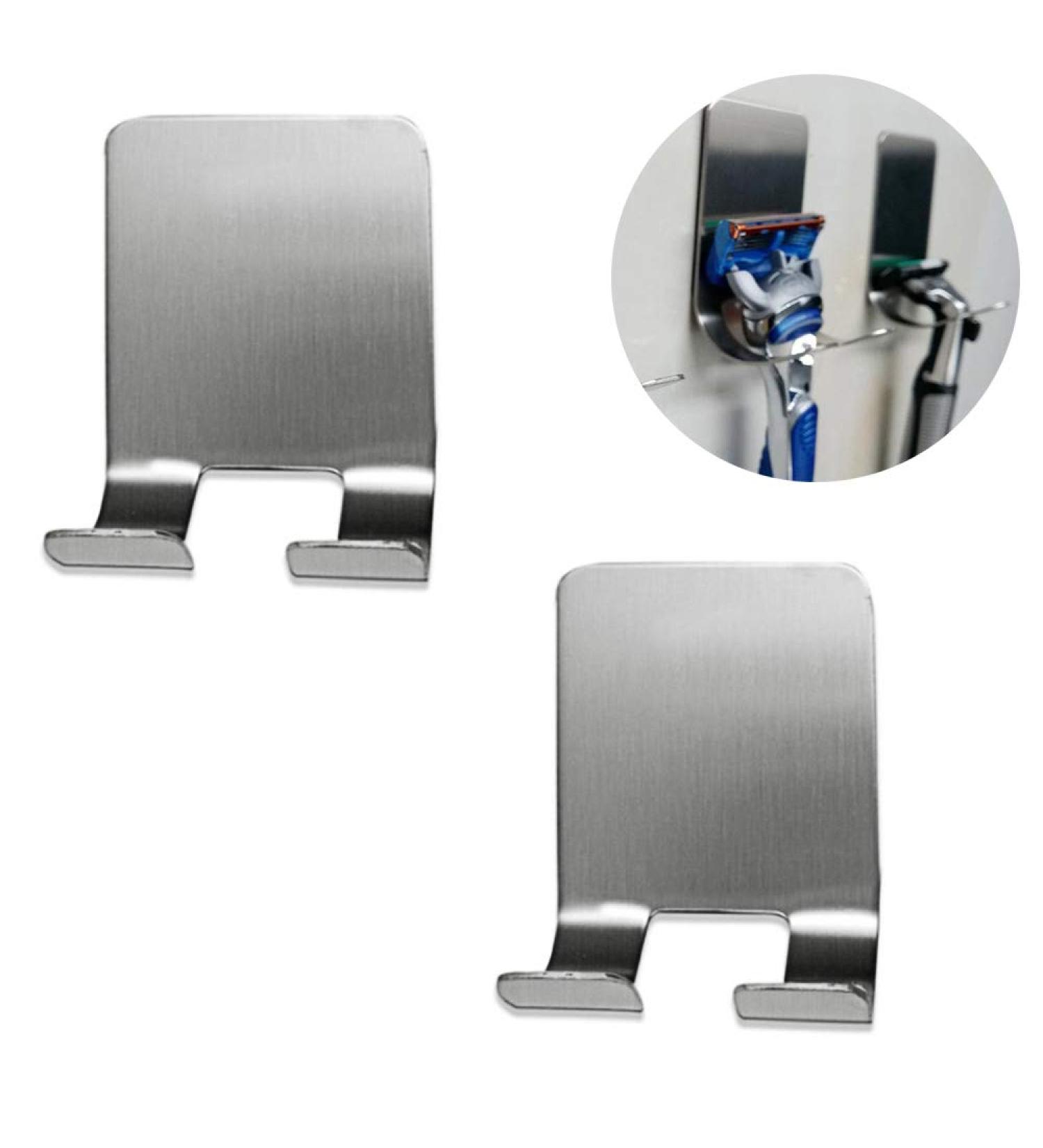 Razor Holder Hook - 2 Pack Self-Adhesive Stainless Steel Waterproof Bathroom Hooks | Multi-Purpose No-Drill Towel Hooks (Silver) - Buy Online on SooperMarket.com