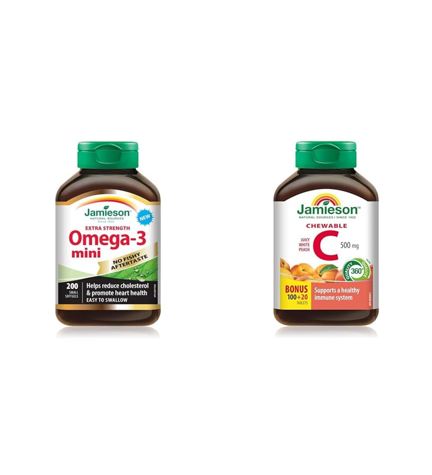Jamieson No Fishy Aftertaste Extra Strength Omega-3 Mini 200 Count & Chewable Vitamin C 500 mg - White Juicy Peach Flavour 120 Count (Pack of 1) Omega-3 Mini + Vitamin C 500 mg - Buy Online on SooperMarket.com