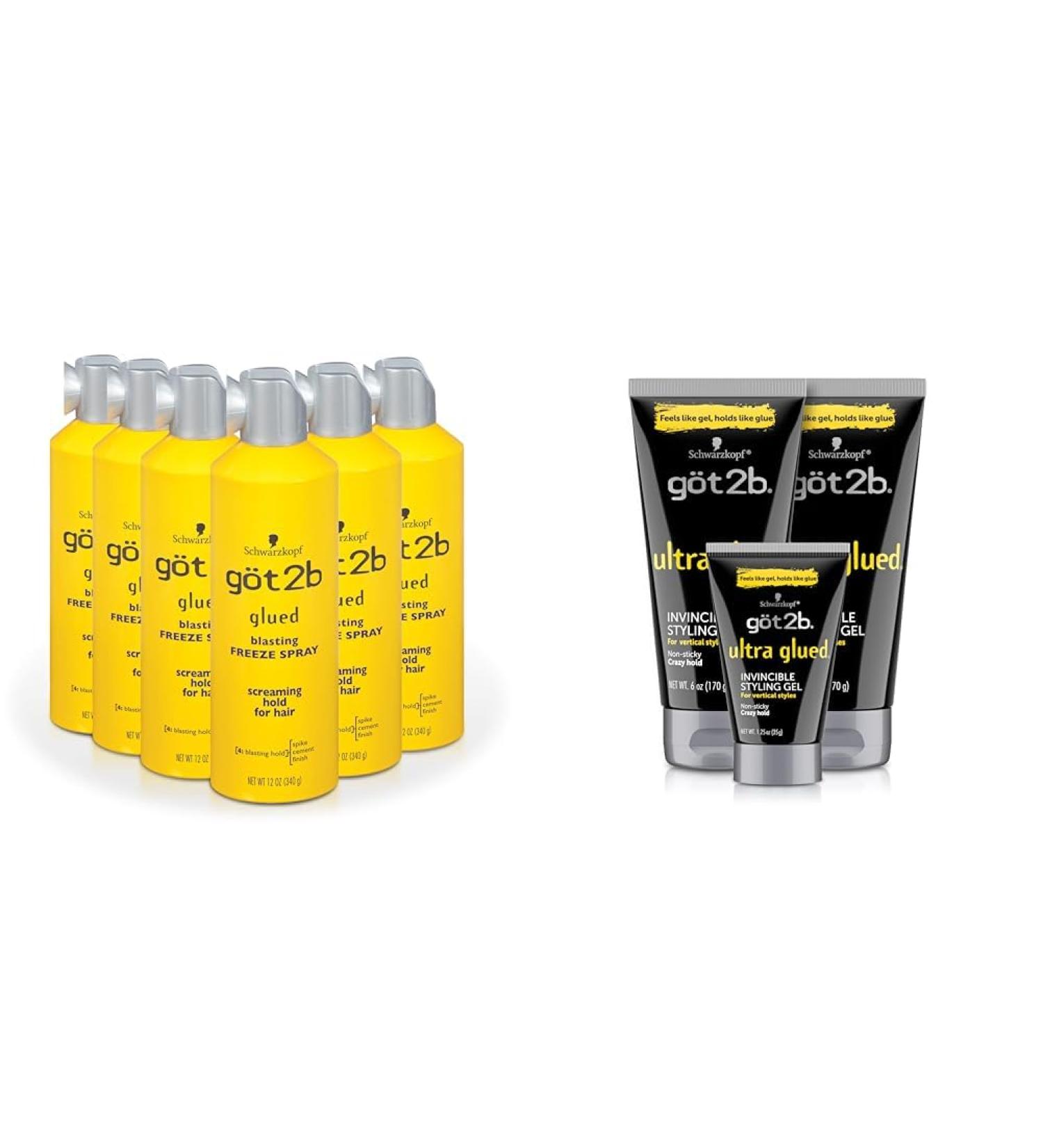 Got2B Glued Blasting Freeze Hairspray Aero 12 Ounce (Pack of 6) & Ultra Glued Invincible Styling Gel 2-6 oz Tubes + 1 Travel 1.25 oz Tube Blasting Freeze Spray 12 Fl Oz (Pack of 6) Hairspray + Styling Gel 2 - 6 oz - Buy Online on SooperMarket.com