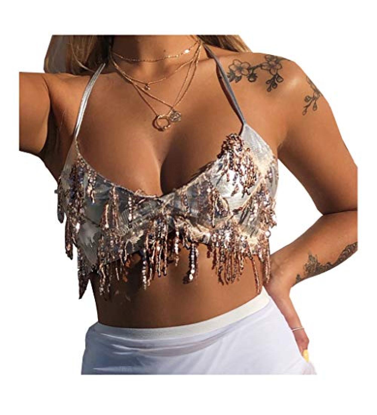 Wuchieal Women's Belly Dance Costume Sequin Bra Tassel Top with Chest Party Club Wear Bra Top One Size Apricot