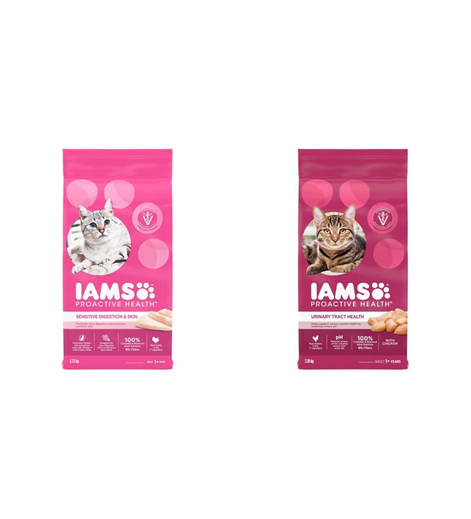 IAMS Proactive Health Dry Cat Food Adult - Sensitive Digestion & Skin (Turkey) + Urinary Tract Health (Chicken) 2.272 kg (Pack of 1) Cat Food + Cat Food 3.18kg - Buy Online on SooperMarket.com