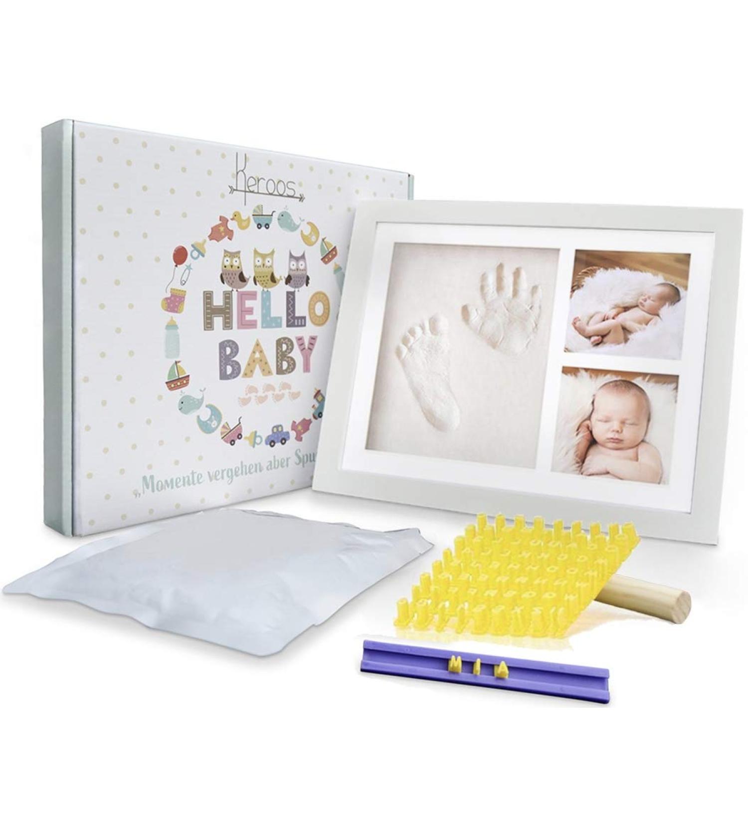 Keroos Plasterprint Baby Hand & Foot Set with Letter Stencils | Premium Wooden Frame | Safe Plexiglass | Ideal for Pets | Shop Internationally - Buy Online on SooperMarket.com